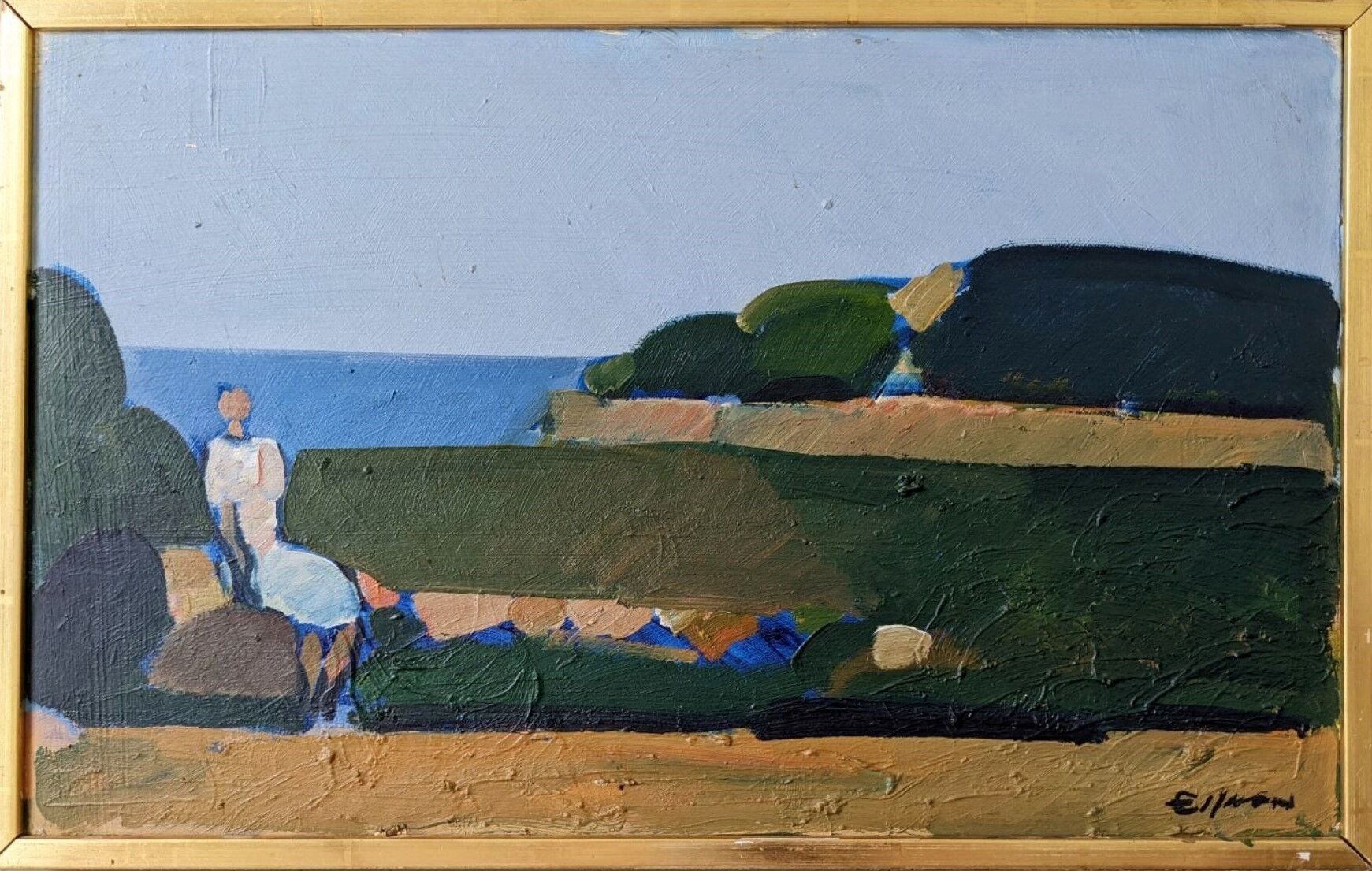 Mid-Century Modern Swedish Oil Painting "Coastal Musing" Framed Landscape
