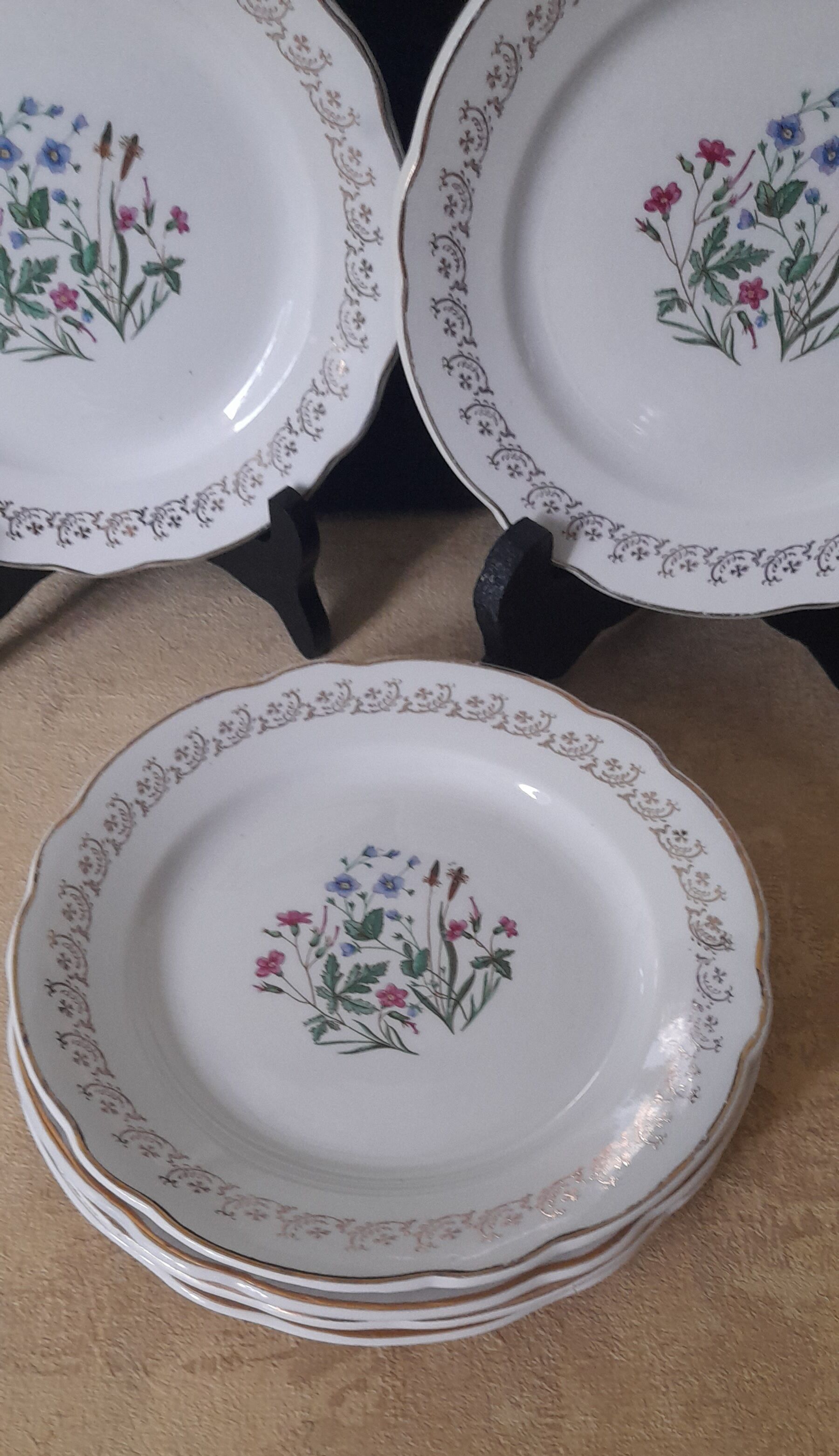 6 dessert plates floral and golden decoration - Model Printemps de Digoin - circa 1950