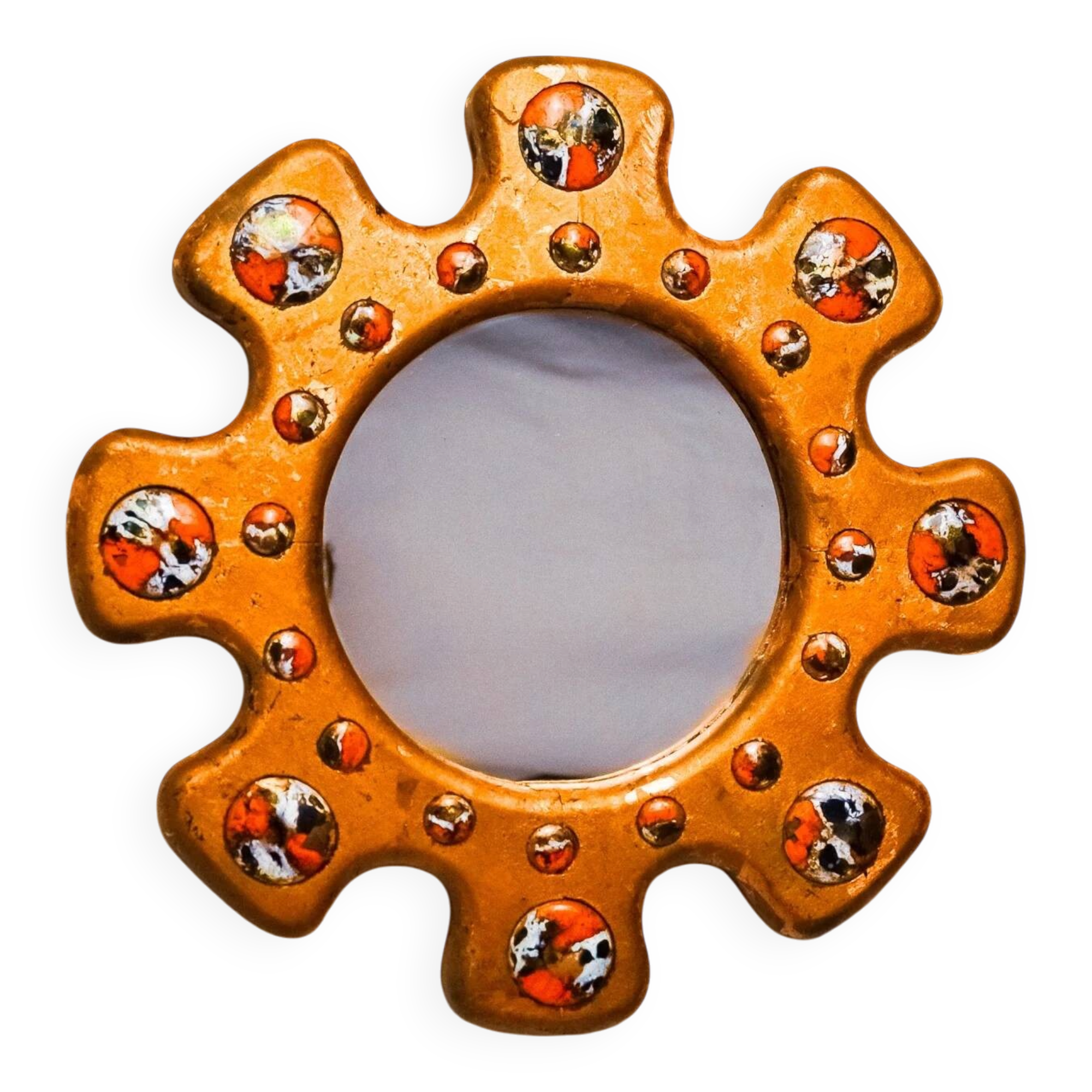 Sun-shaped modernist enamel mirror by J. Capo Esmaltes, Spain, 1970s