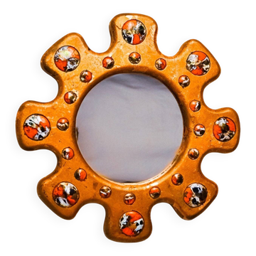 Sun-shaped modernist enamel mirror by J. Capo Esmaltes, Spain, 1970s