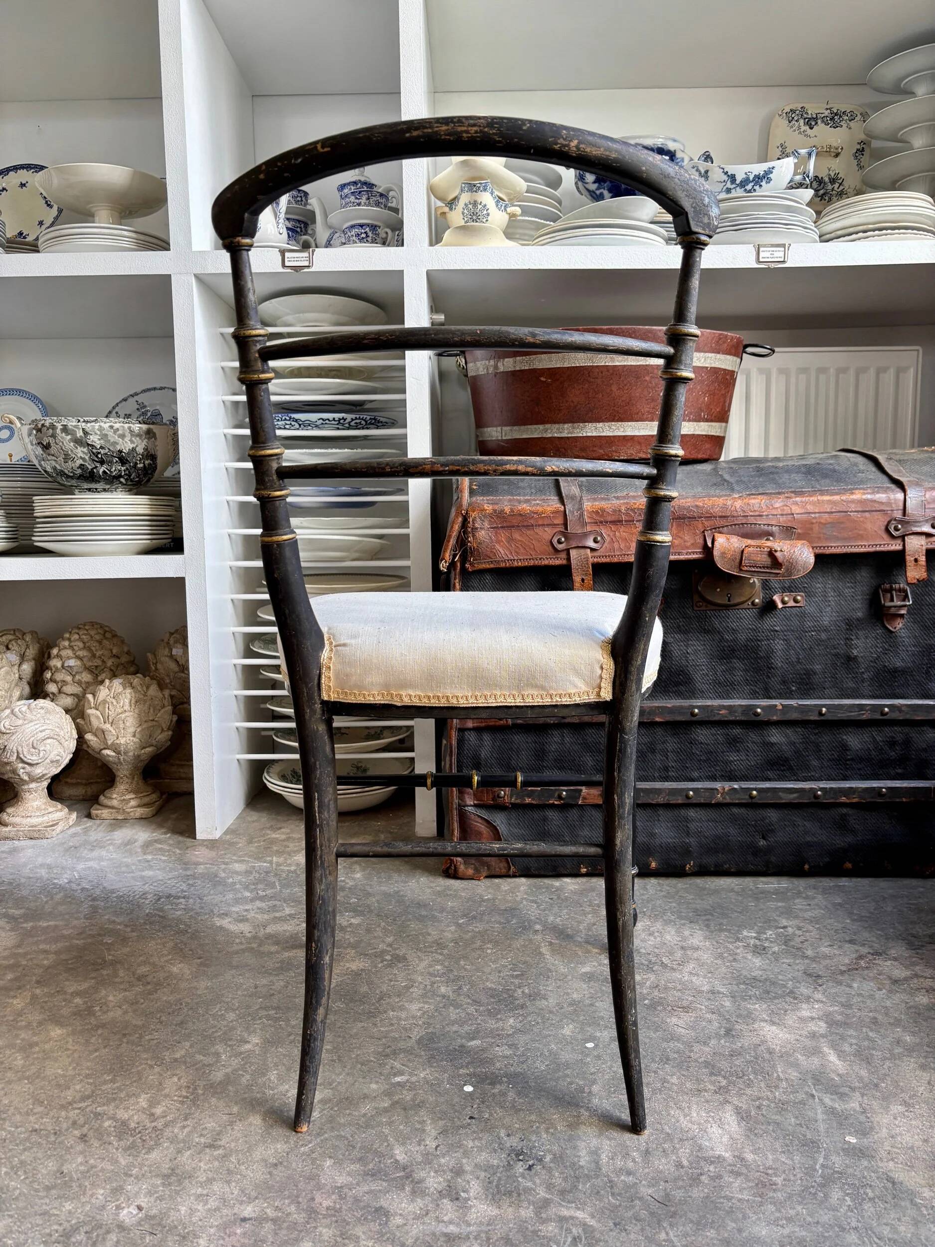 Napoleon III chair in blackened wood and beige fabric