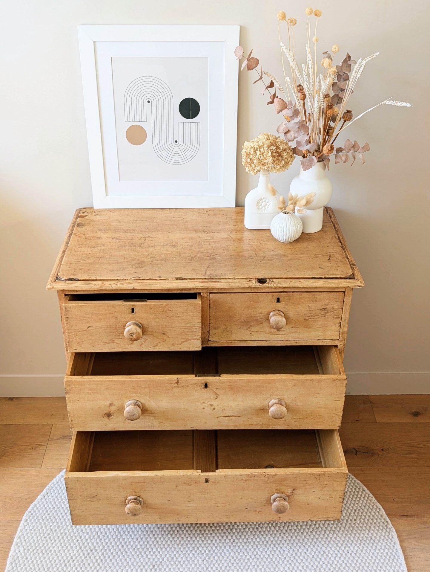 Renovated antique English solid pine chest of drawers.
