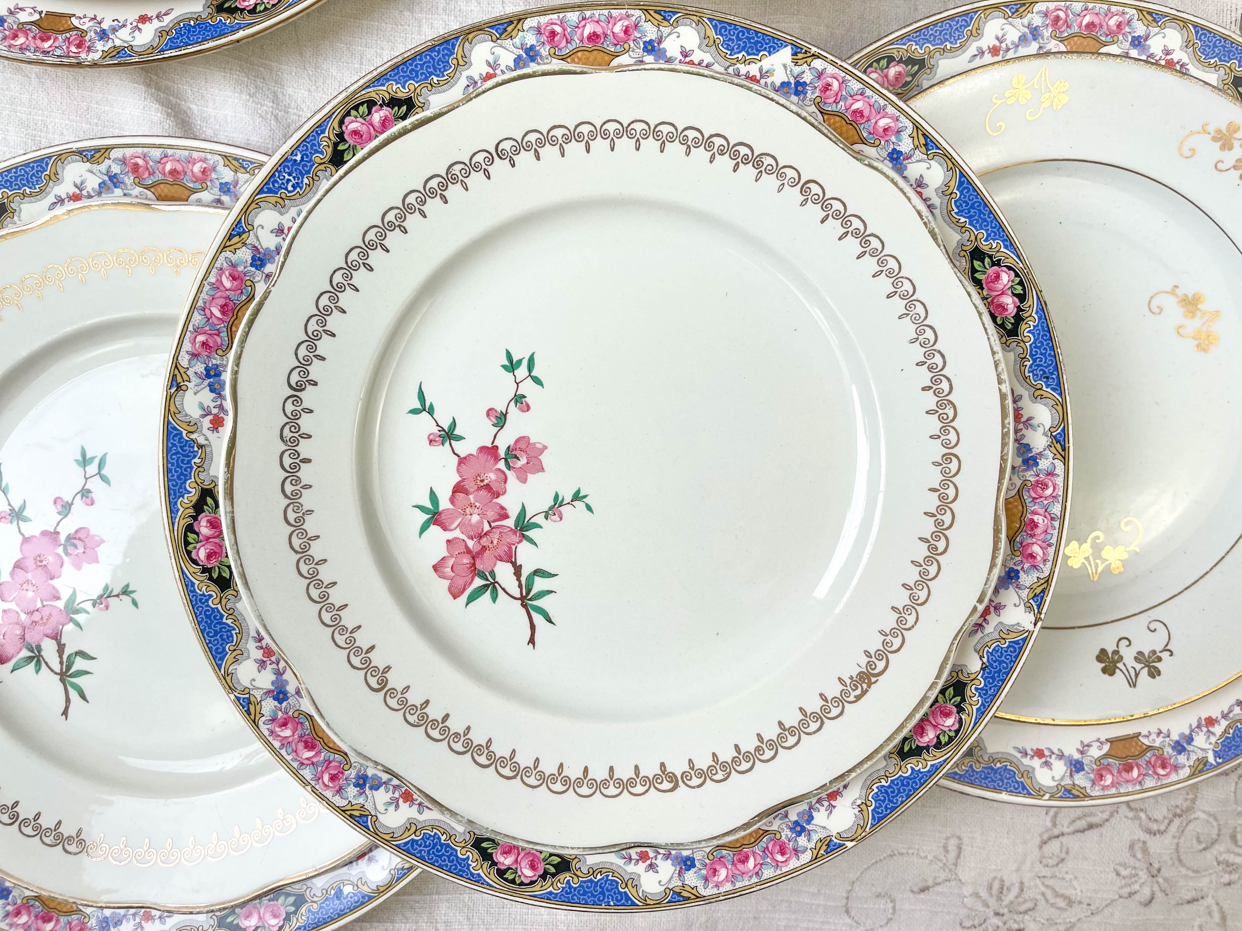 Set of 6 porcelain plates and 6 small mismatched vintage plates ~ Dinner service for 6 people ~