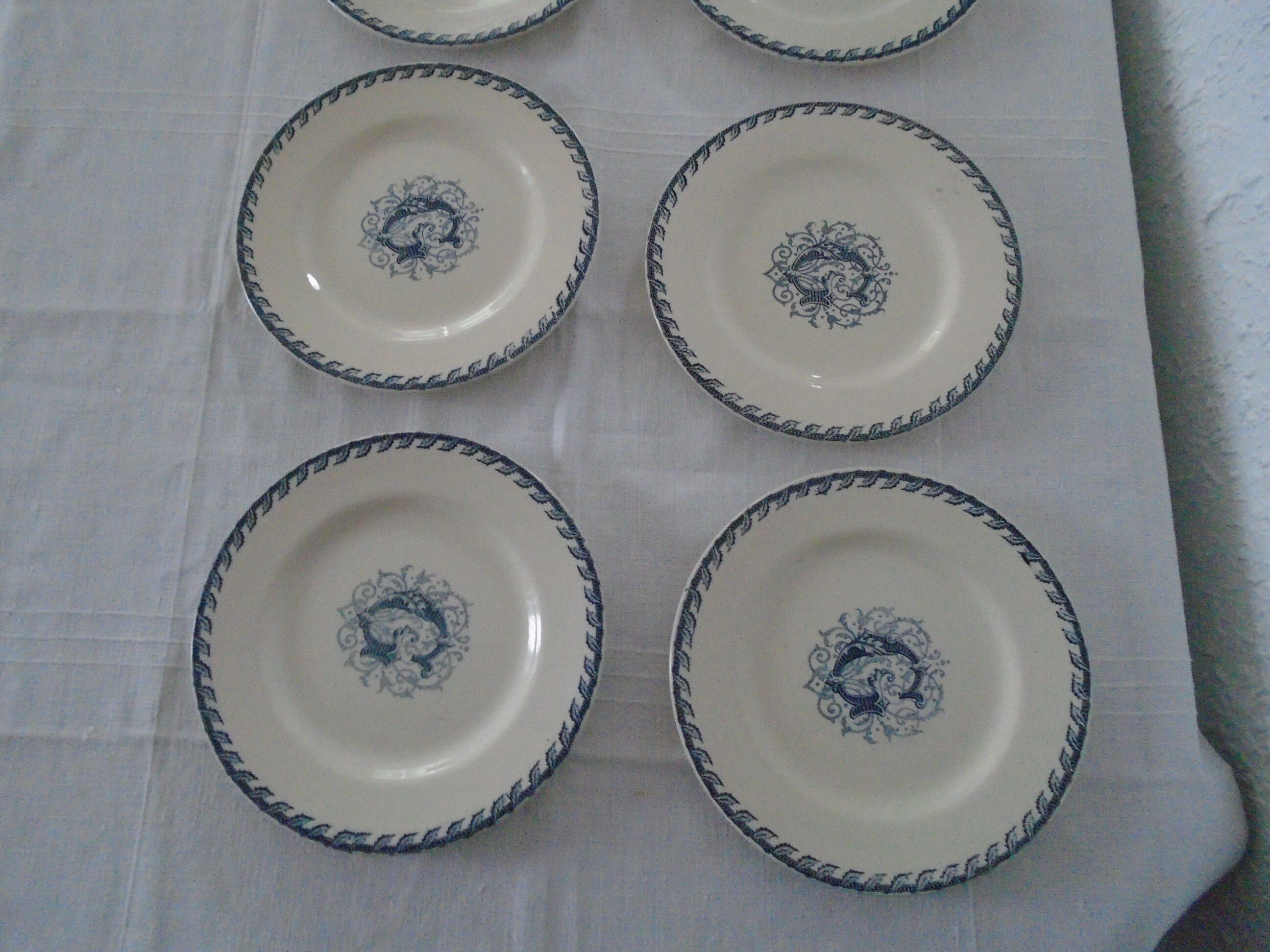 6 flat plates K - G Lunéville original blue decoration "G" old faience