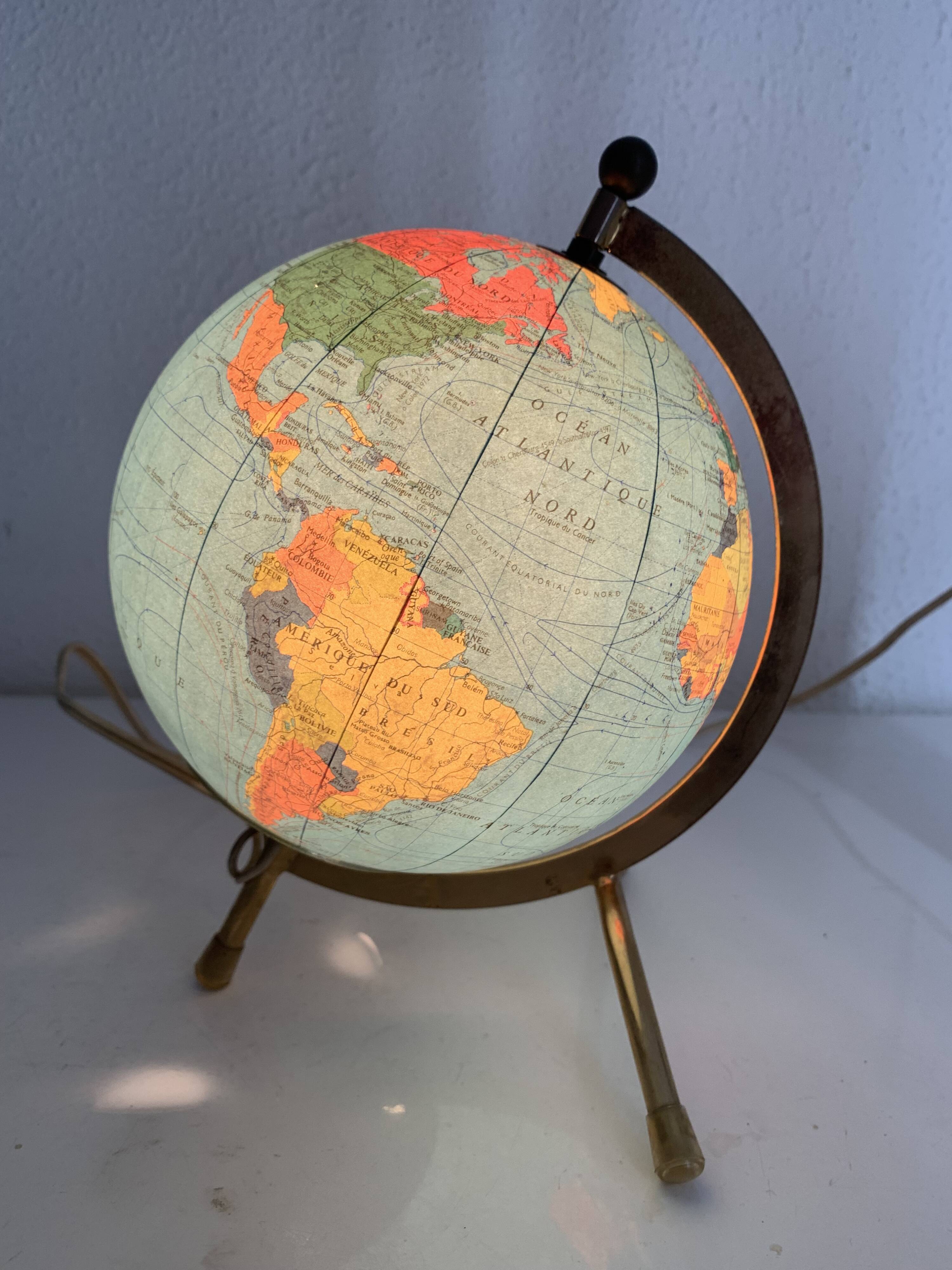 Globe vintage 1970 terrestre Taride tripode doré verre mappemonde - 23 cm