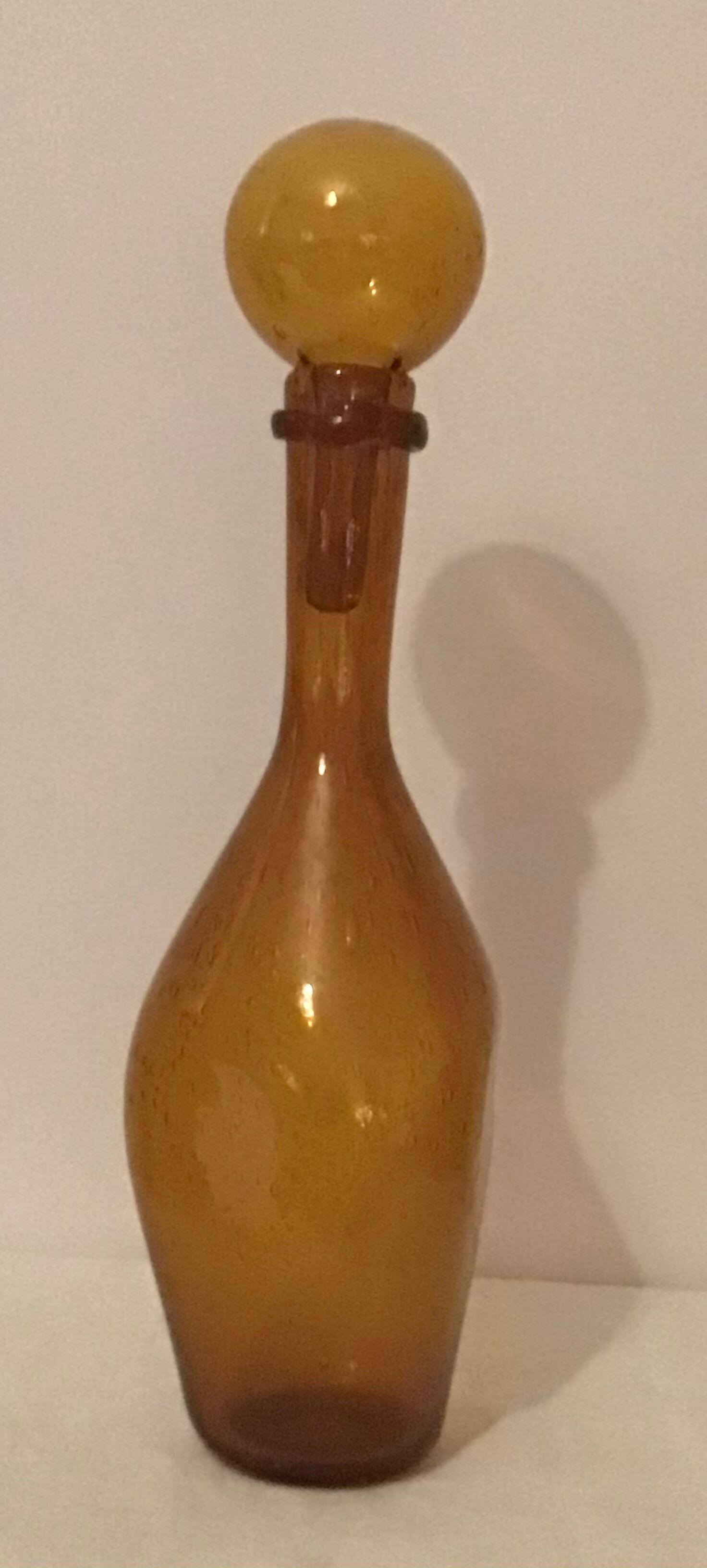 Carafe bubbled glass amber color signed Biot, vintage