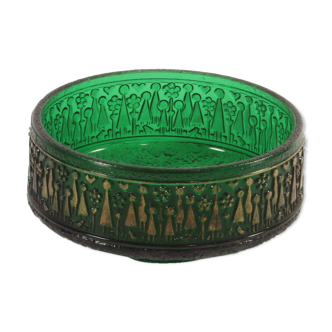 Green glass golden figures bowl by Walther glass, Germany 1970s.