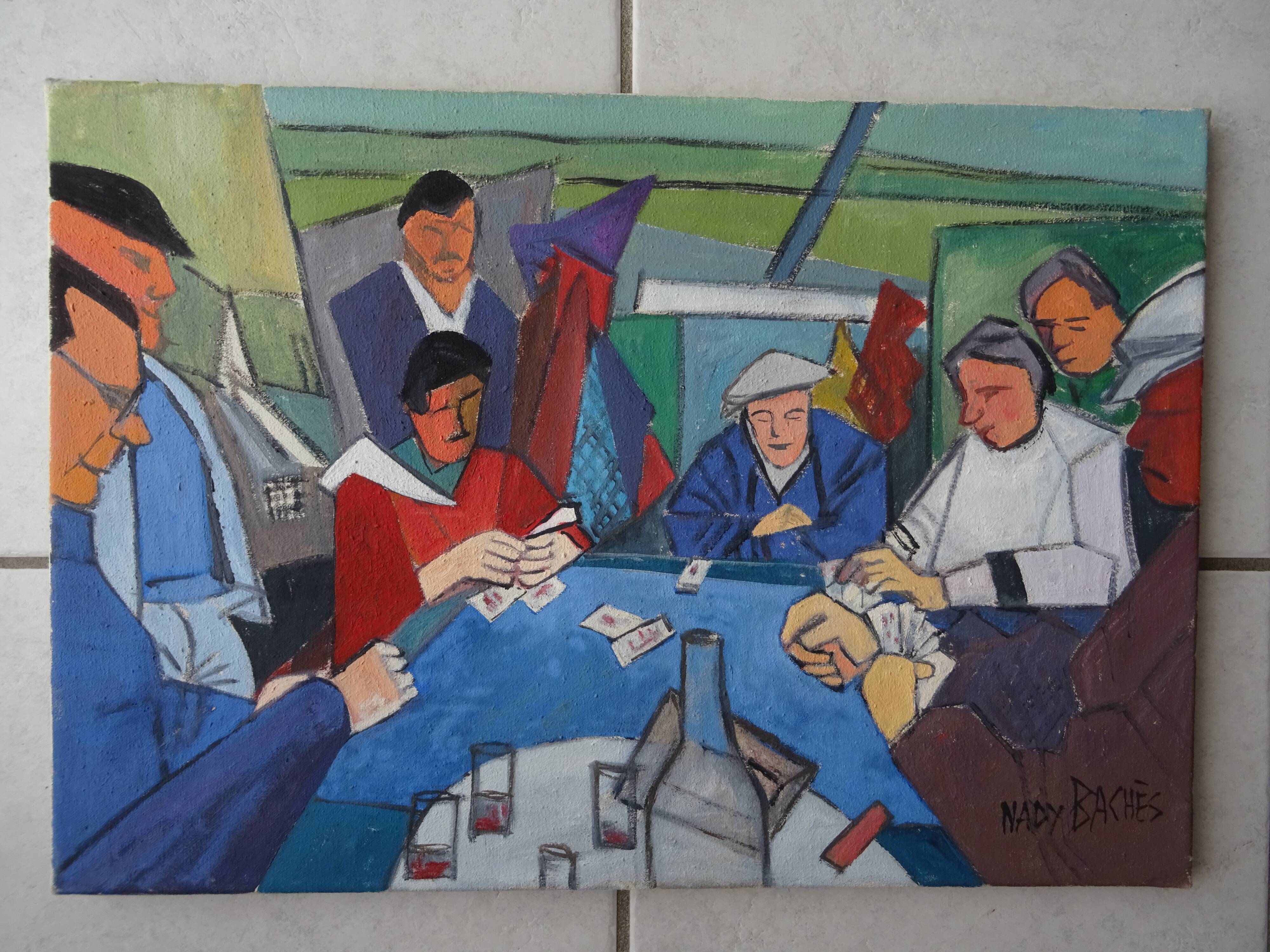Painting The Card Players Canvas signed Nady Bachès year 60/70