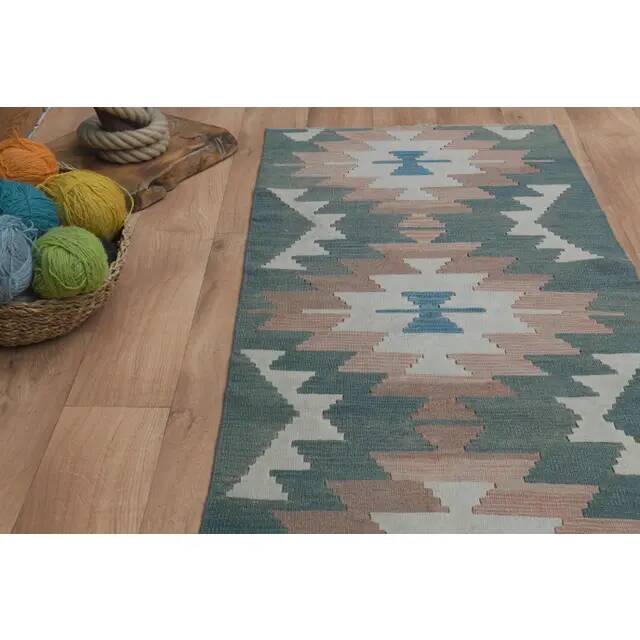 1970s Vintage Turkish Handmade Wool & Cotton Green Runner Rug  73x291