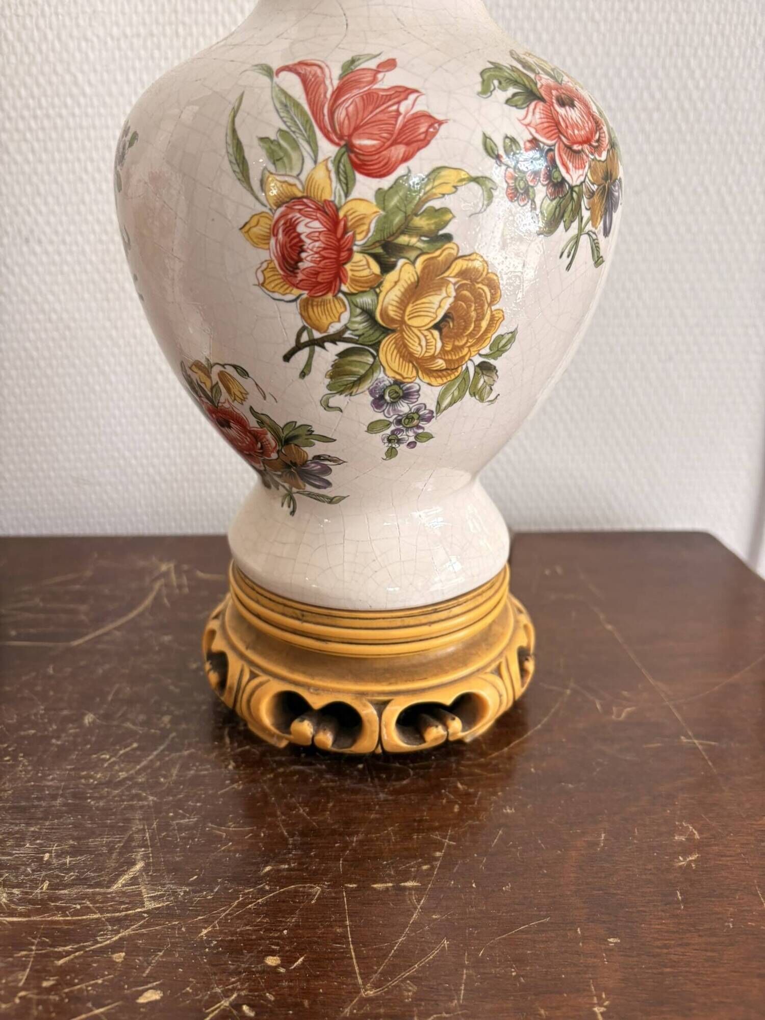 Antique Pair of Ceramic Floral Bulbous Lamps Shabby Chic