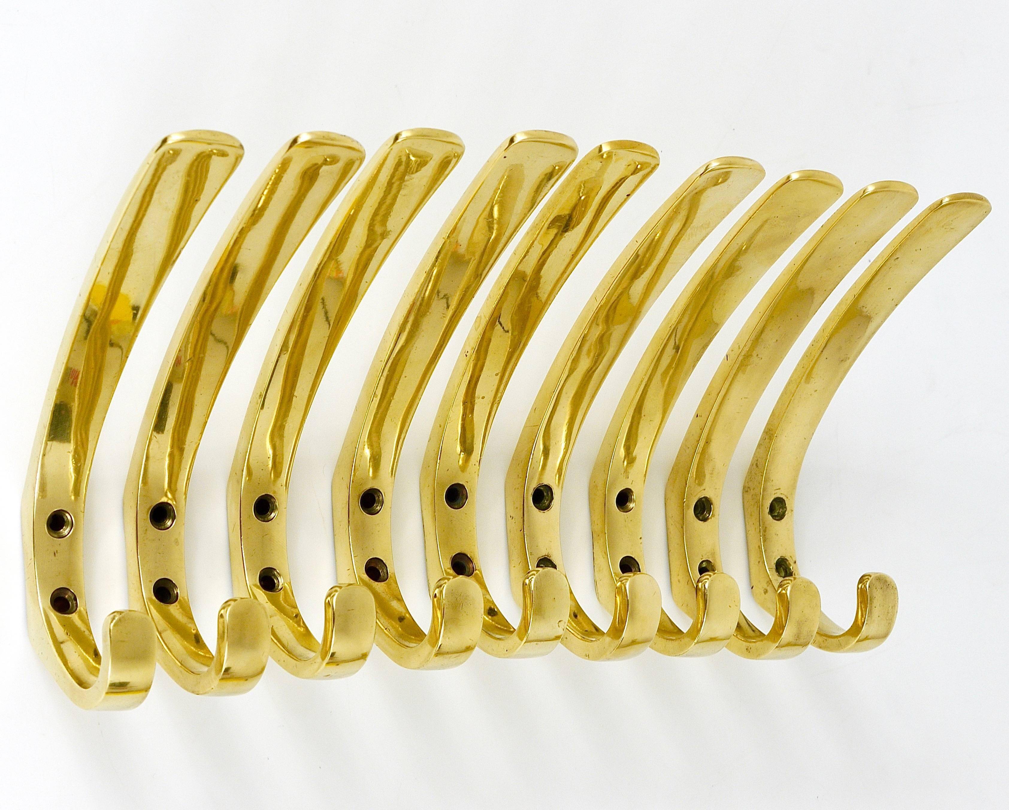 9 vintage brass wall hooks by Herta Baller, Vienna, Austria, 1950s.