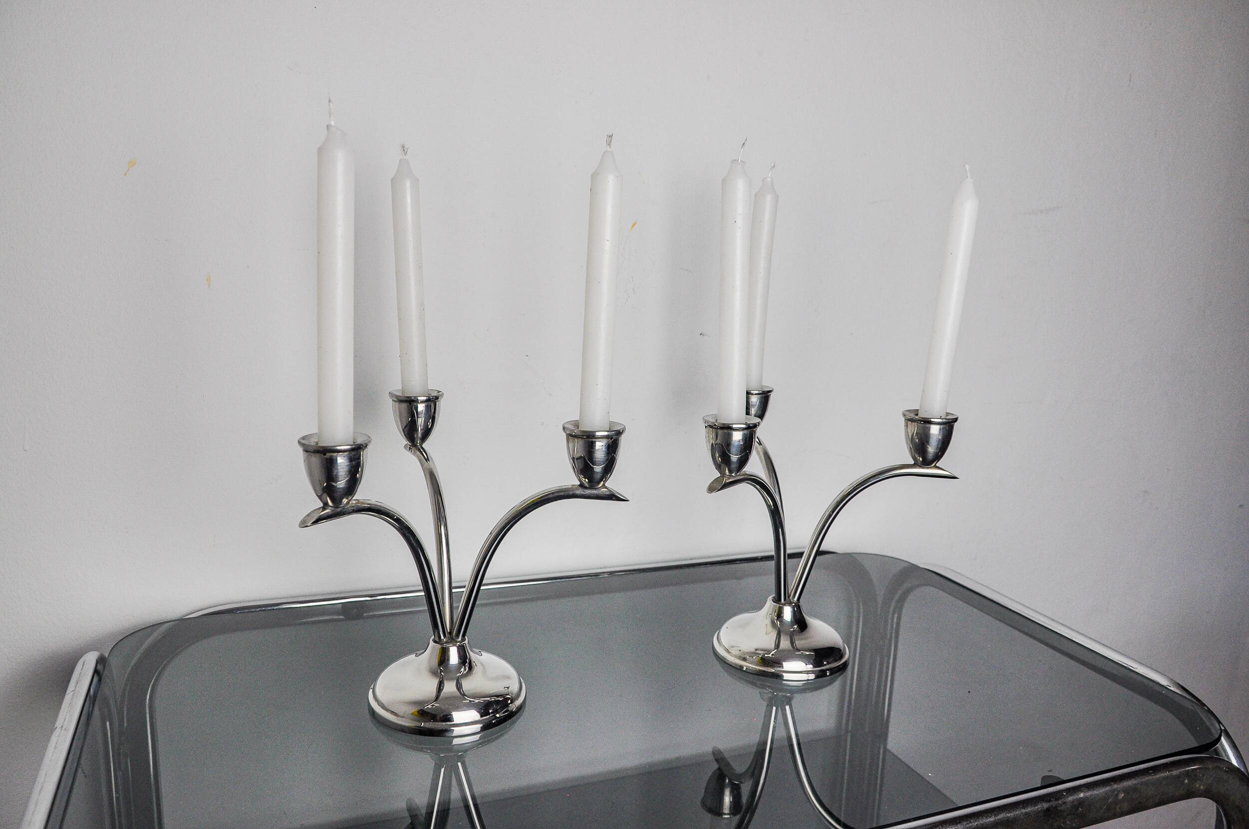 Pair of art deco stainless steel 3-flame candlesticks, Spain, 1970