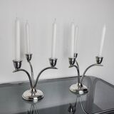 Pair of art deco stainless steel 3-flame candlesticks, Spain, 1970