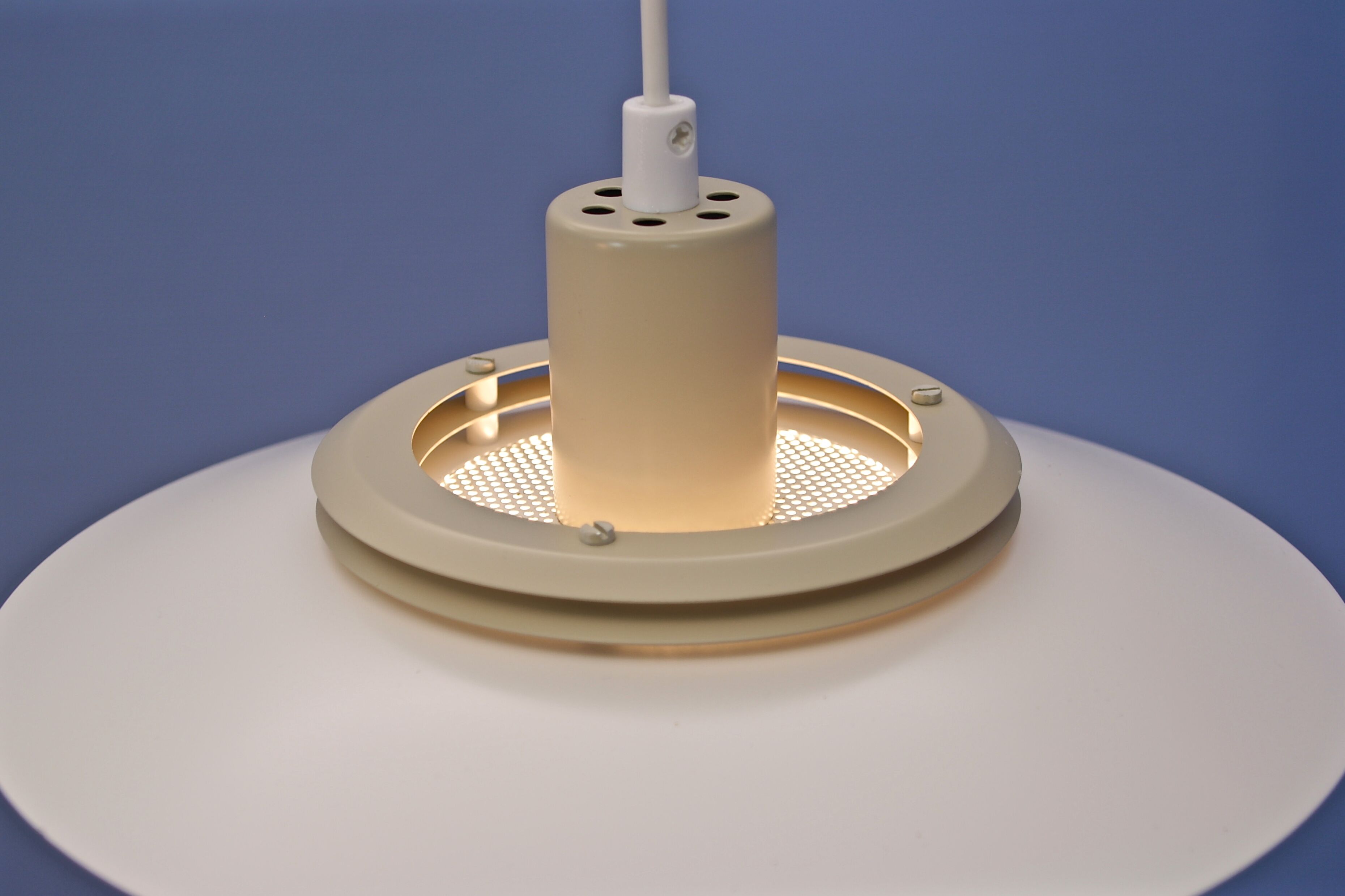 Set of 2 Danish multi coloured pendants in white and beige by Jeka, 1970s