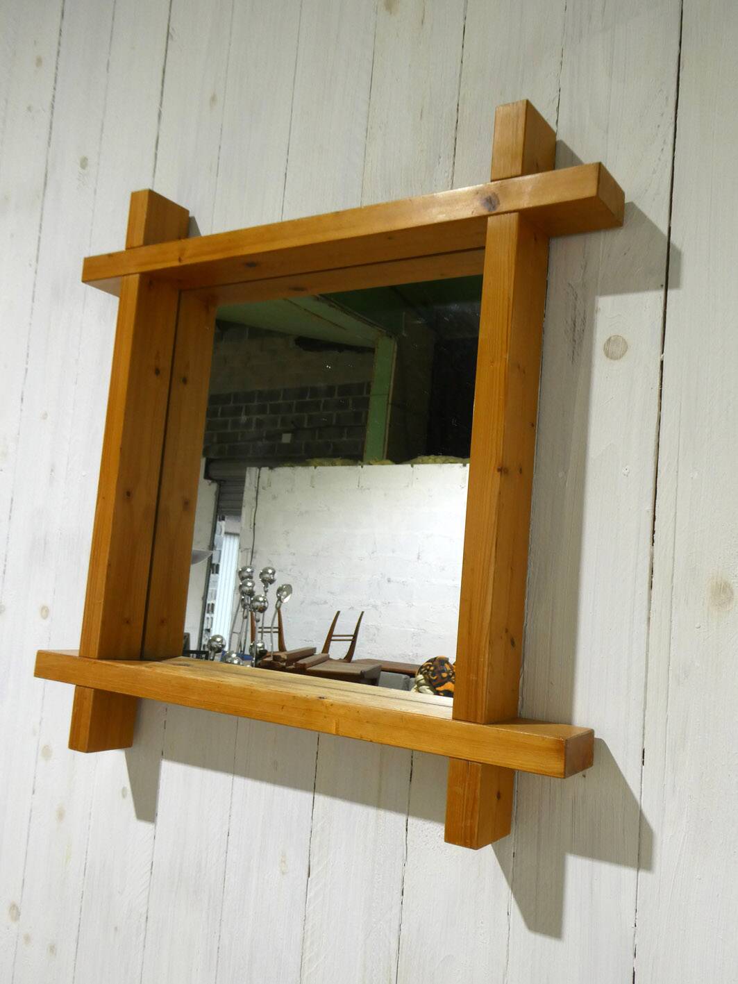 brutalist pine large mirror, 1970