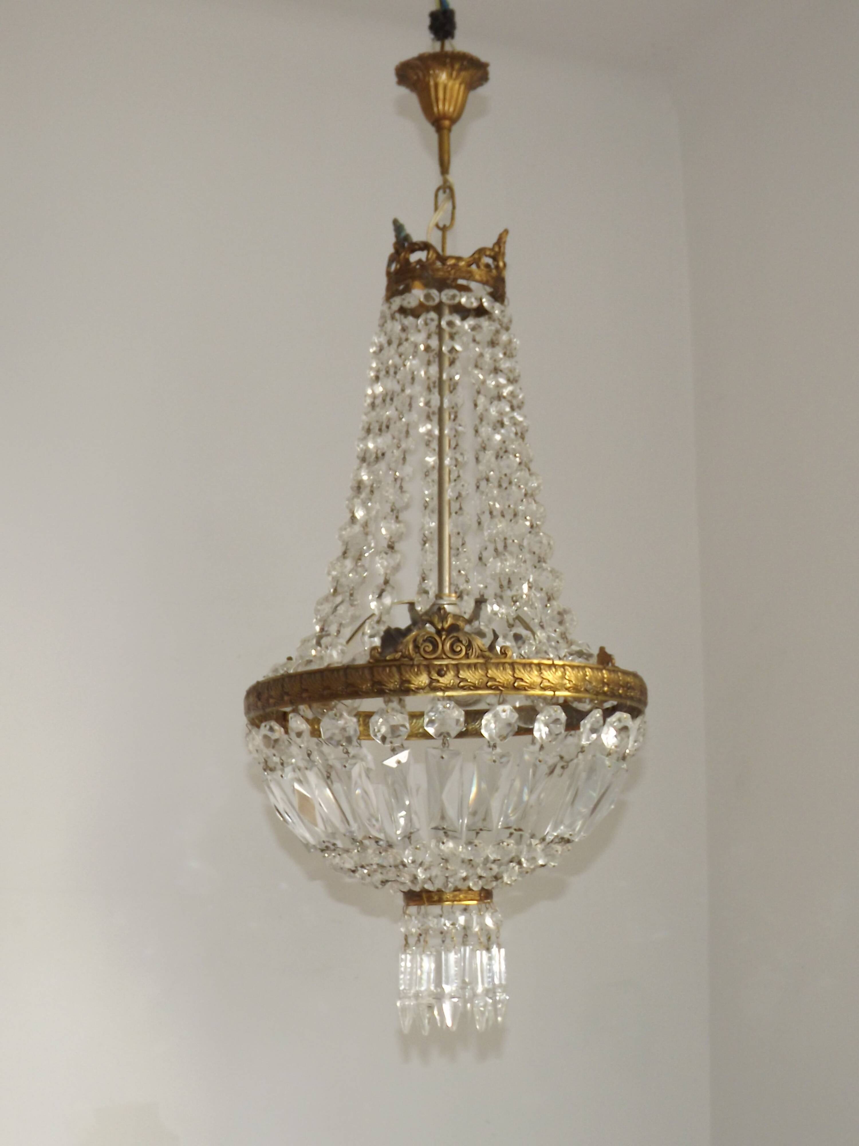 French Empire Style 3 Light Bronze Montgolfier Crystal Basket Chandelier