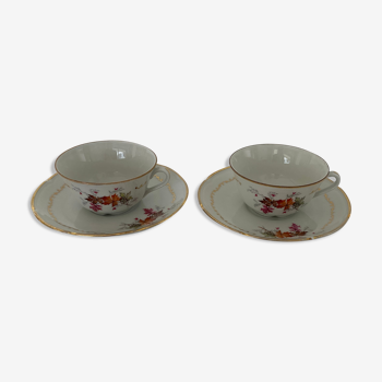 2 cups and porcelain saucers from Limoges made in Vierzon