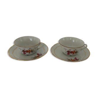 2 cups and porcelain saucers from Limoges made in Vierzon