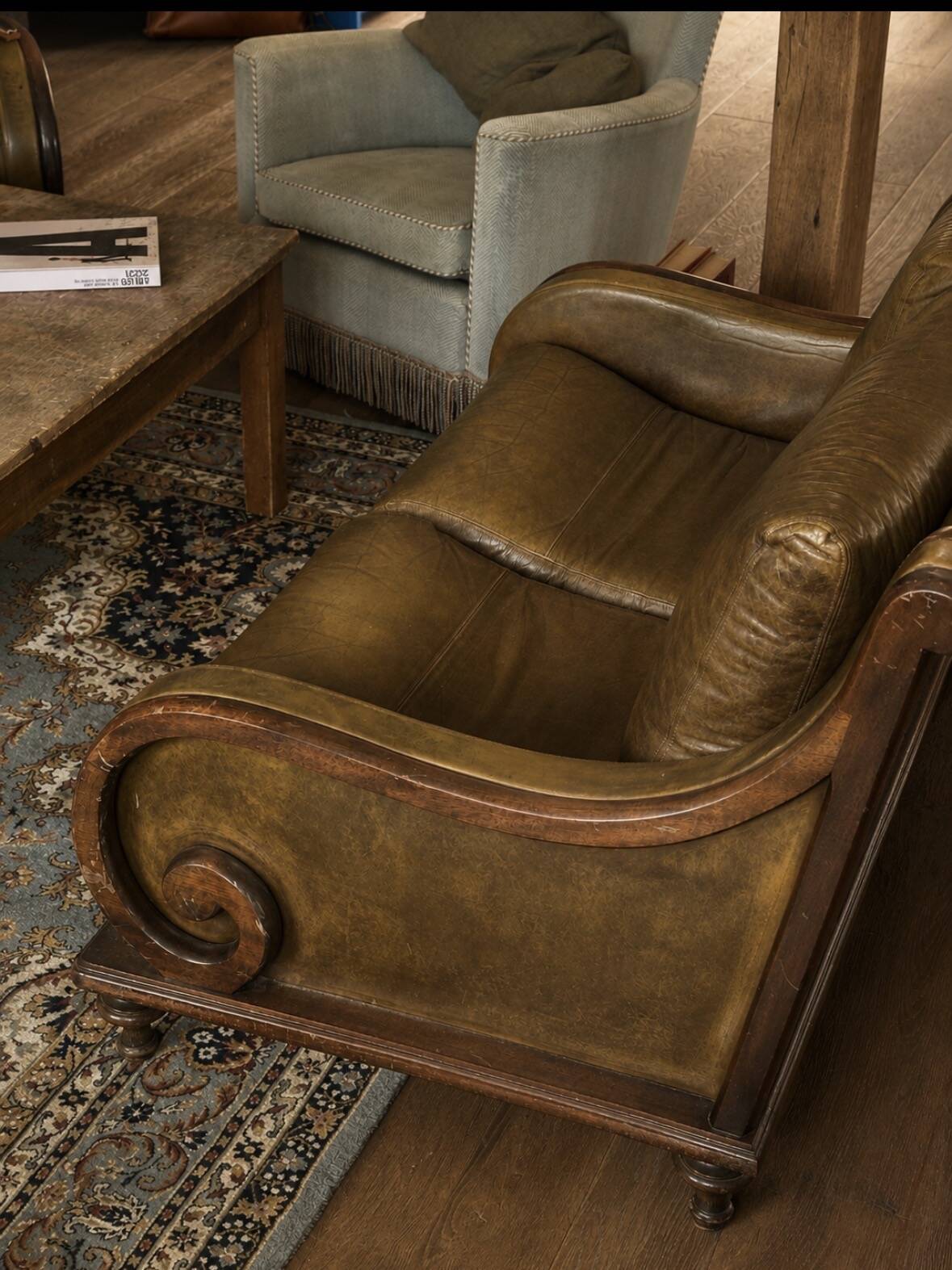 Pair of vintage cognac leather armchairs & solid wood – club/lounge style