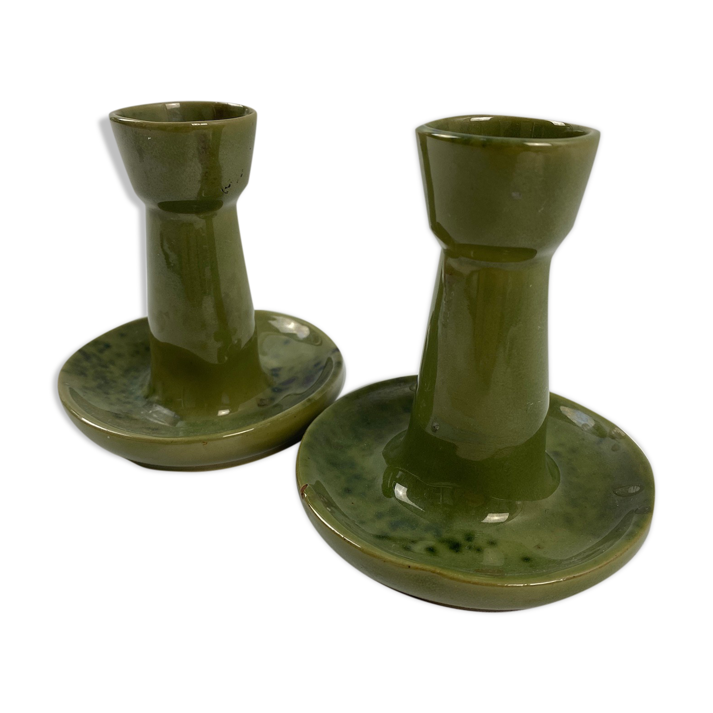 2 green coloured terracotta candlesticks
