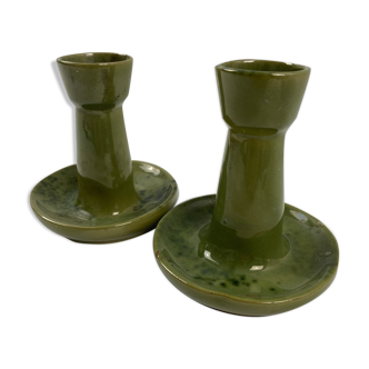 2 green coloured terracotta candlesticks