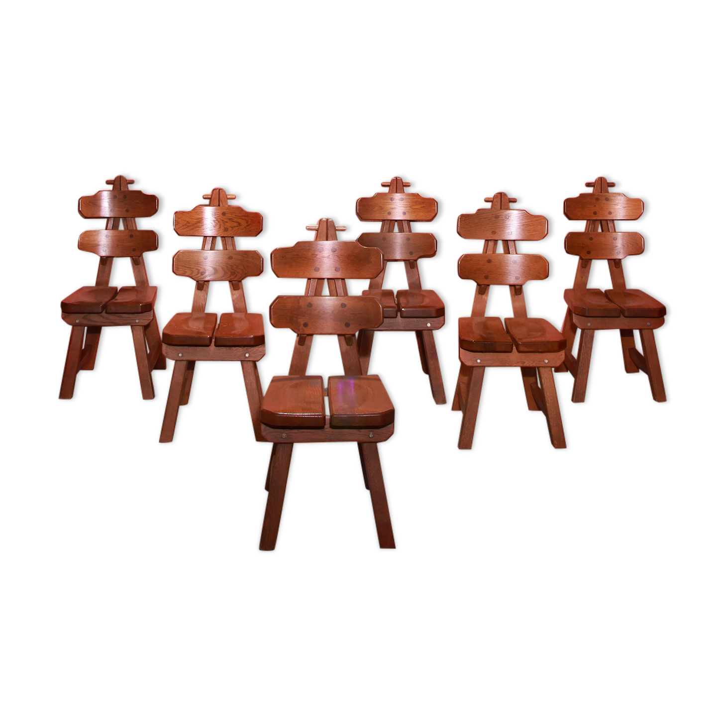 Vintage mid century brutalist solid oak dining chairs, 70