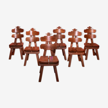 Vintage mid century brutalist solid oak dining chairs, 70