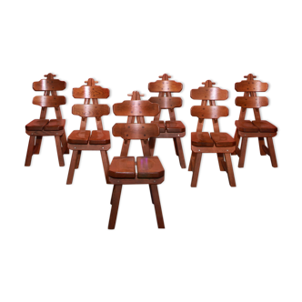 Vintage mid century brutalist solid oak dining chairs, 70