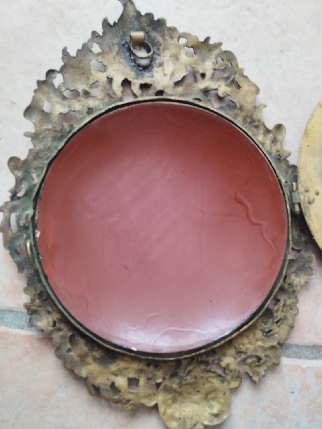 Pair of antique witch mirrors, curved glass, bronze frame