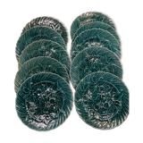 Set of 10 green earthenware dessert plates with a finely embossed floral pattern