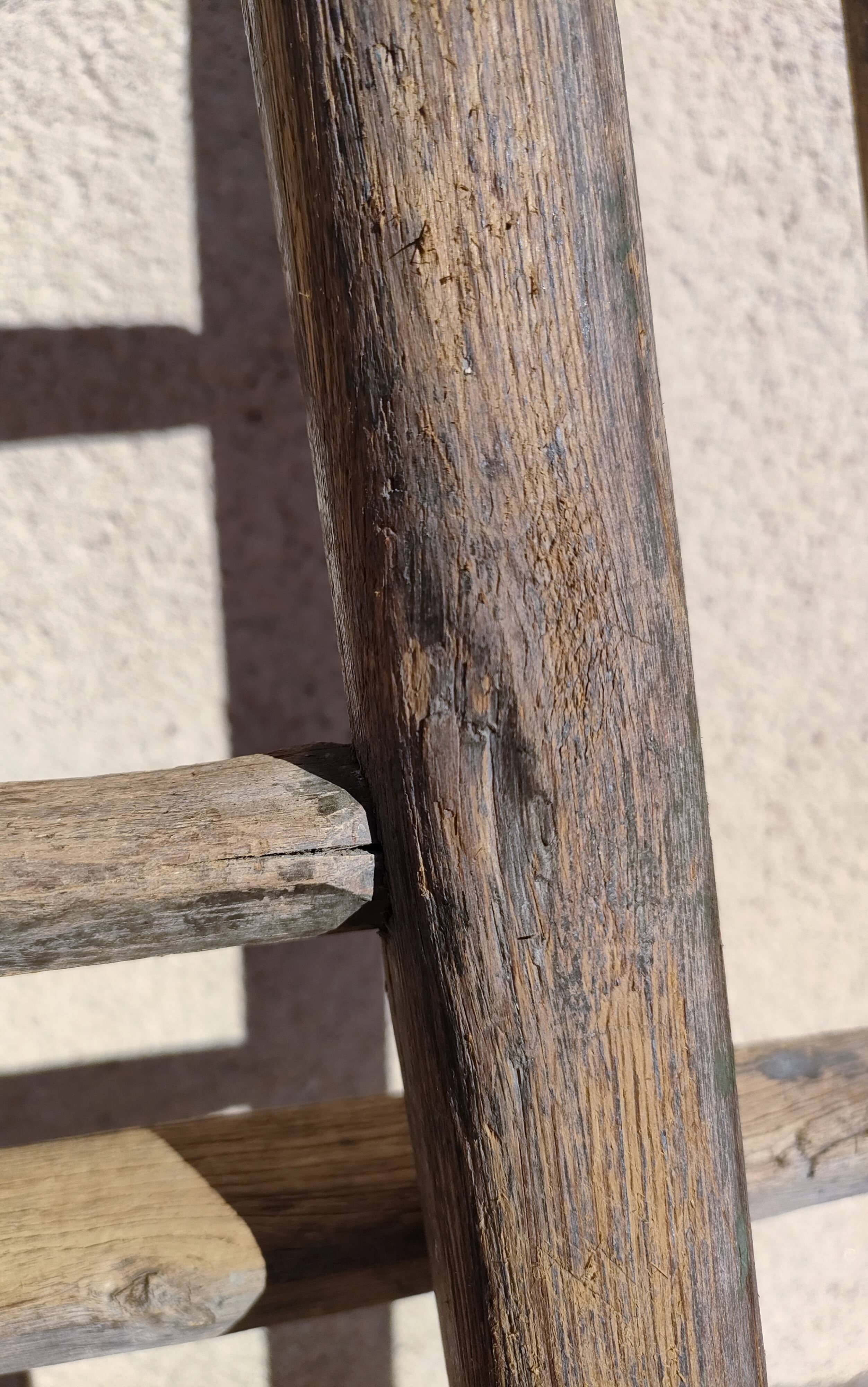 Two weathered wooden ladders H.135 cm