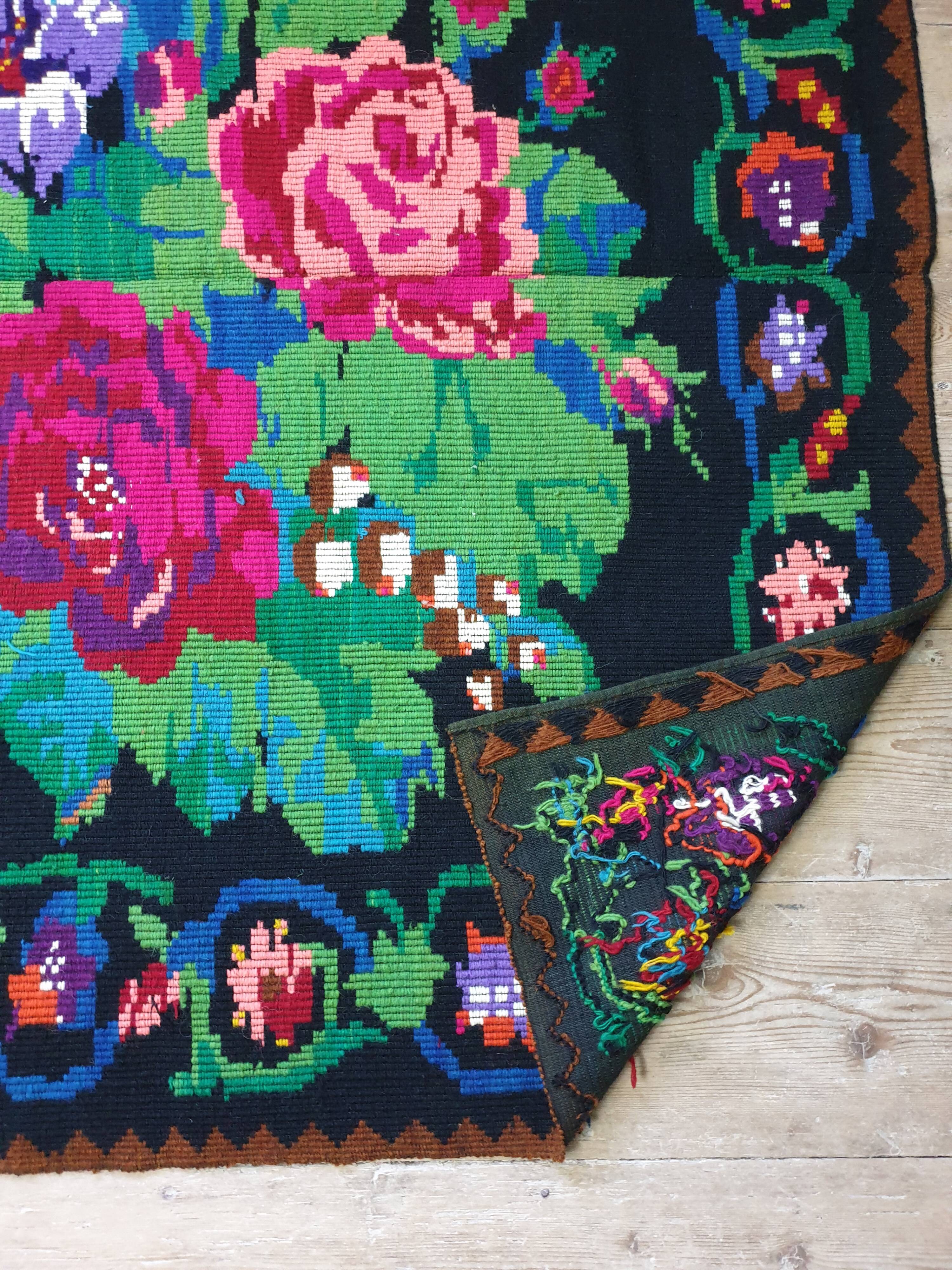 Romanian handwoven carpet green and fuchsia rug made in wool bohemian design