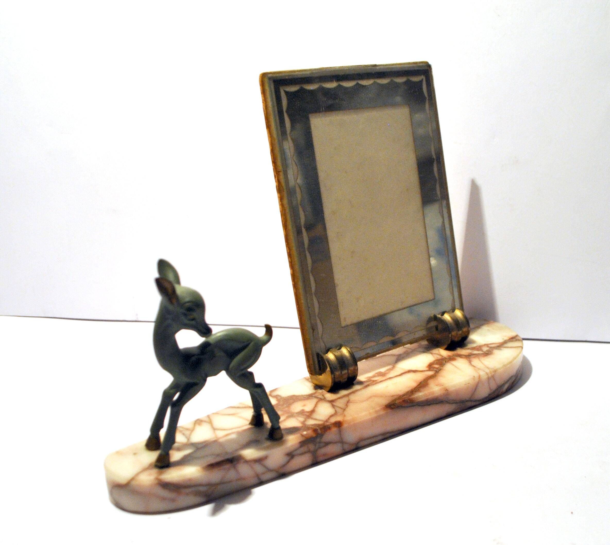 Art Deco Photo Frame Bambi Bronze Statuette and Mirror Glass 1940