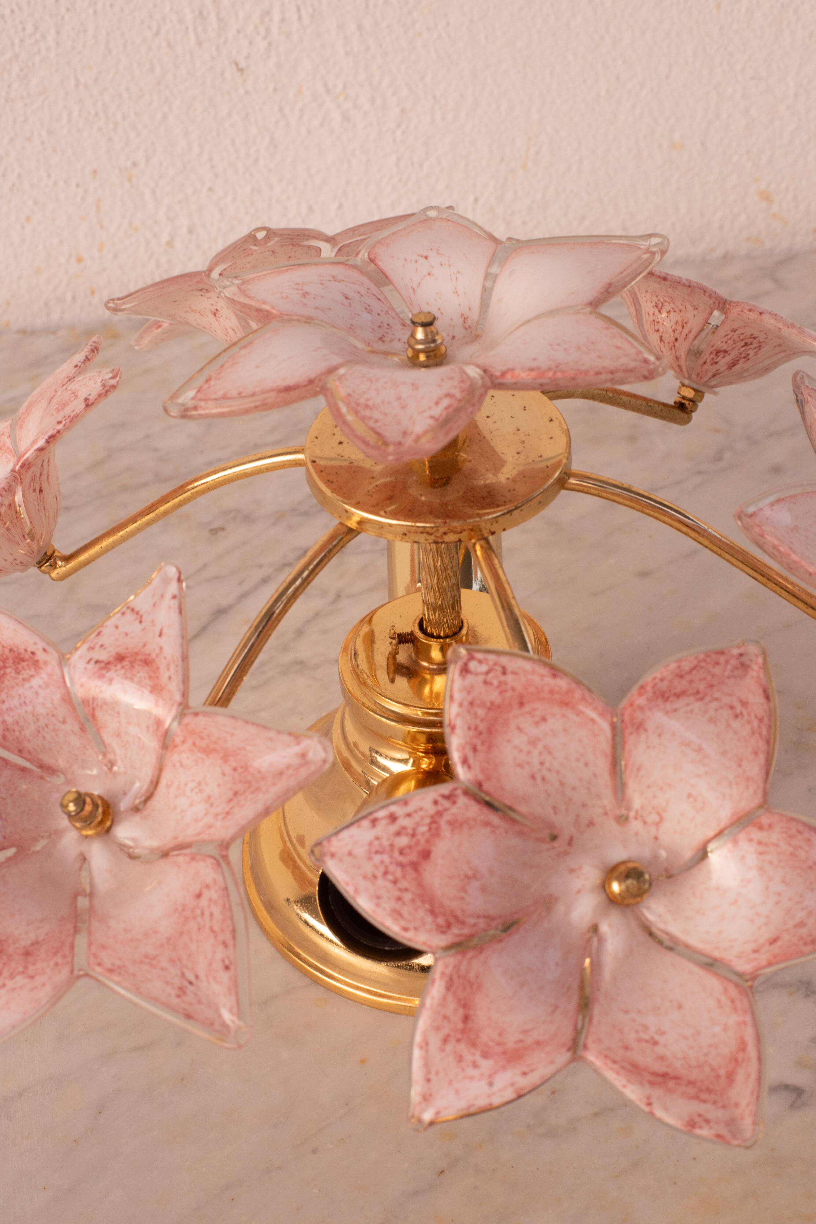 Lovely Murano Vintage Ceiling Light Pink Flowers, 1970s