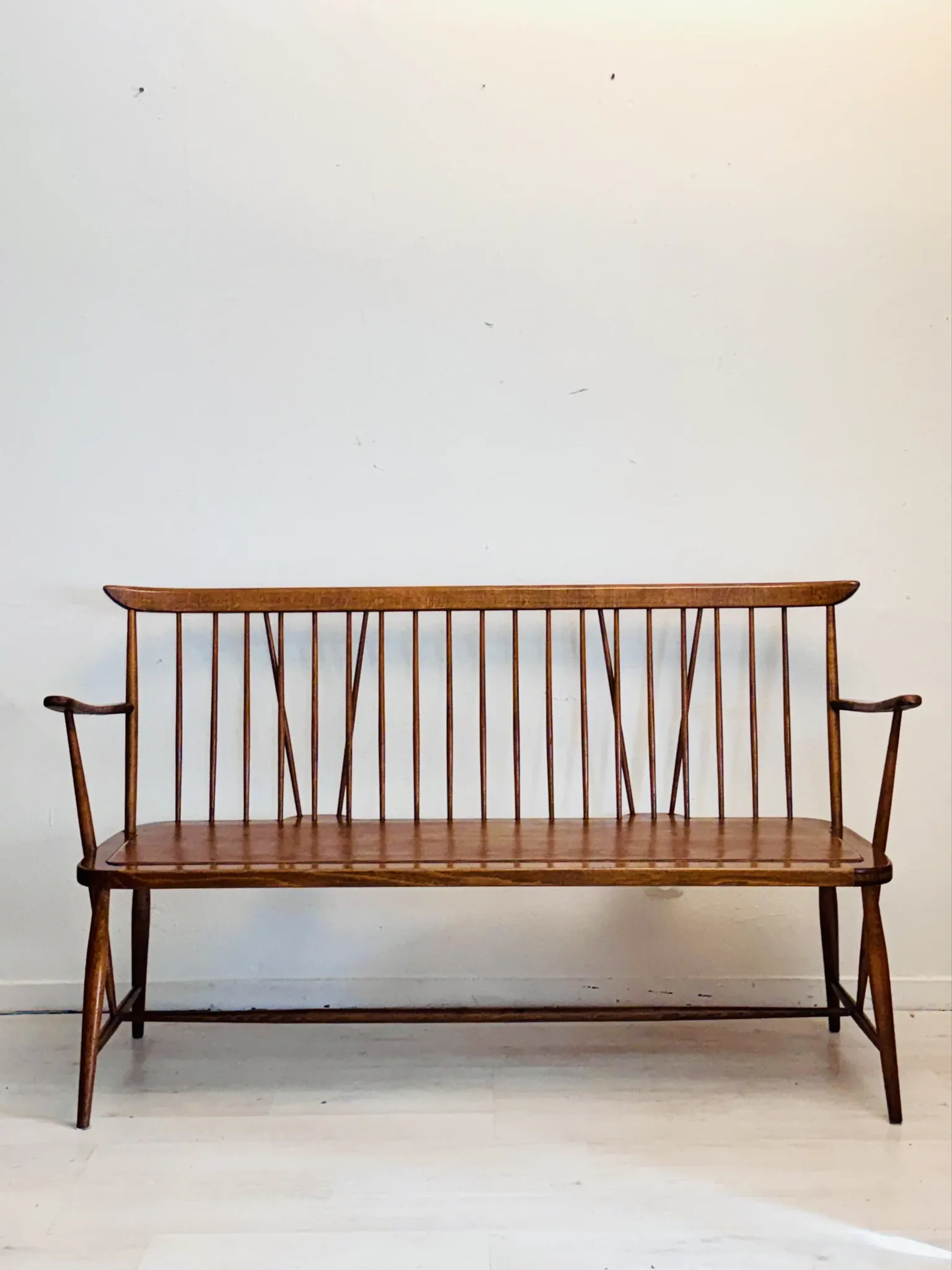 Vintage mid-century slatted bench from the 1960s.