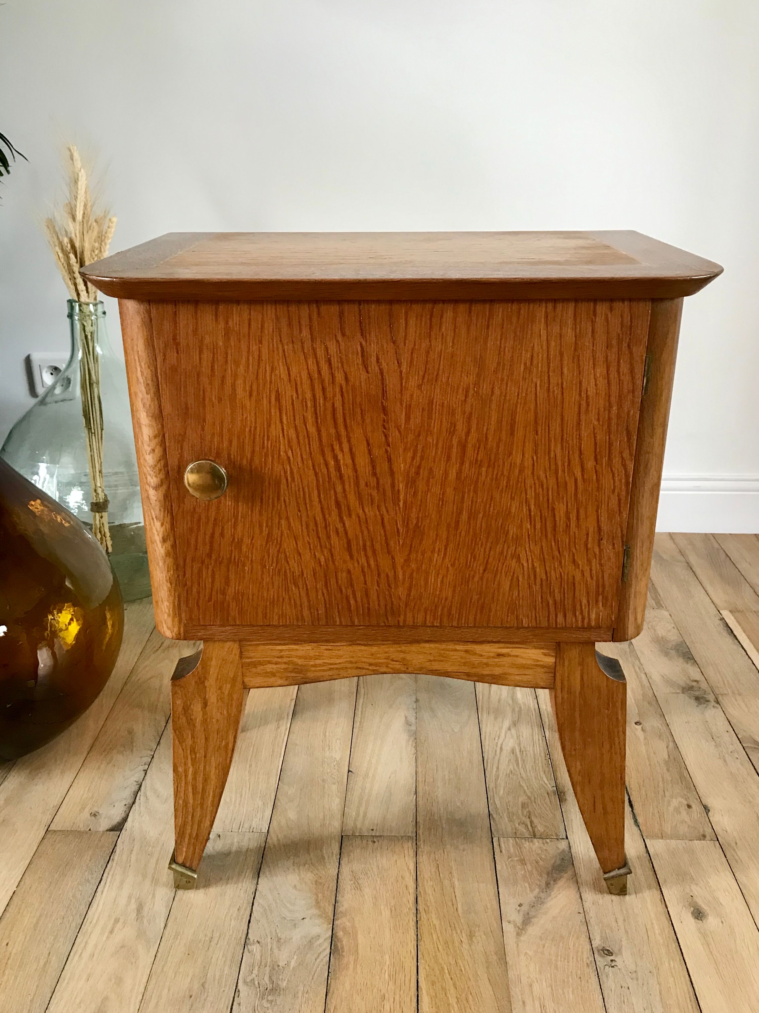 Bedside table in oak and brass 50s