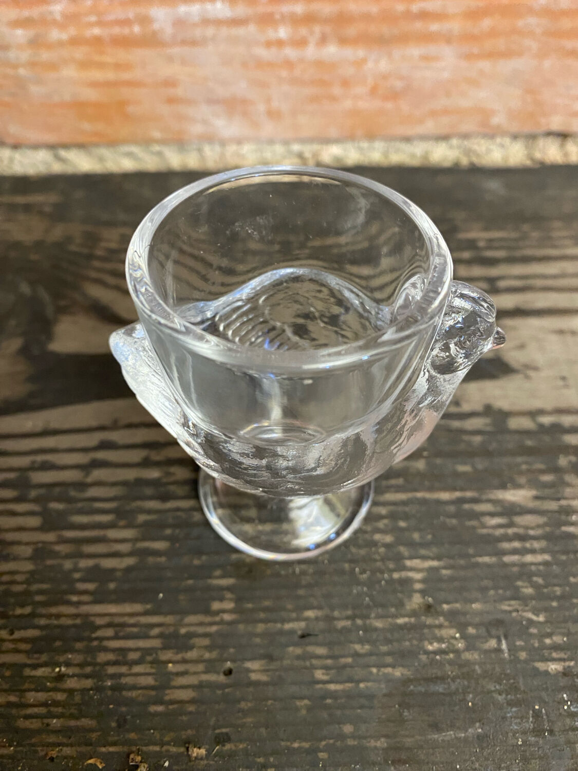 Vintage egg cup, hen shape, clear molded glass