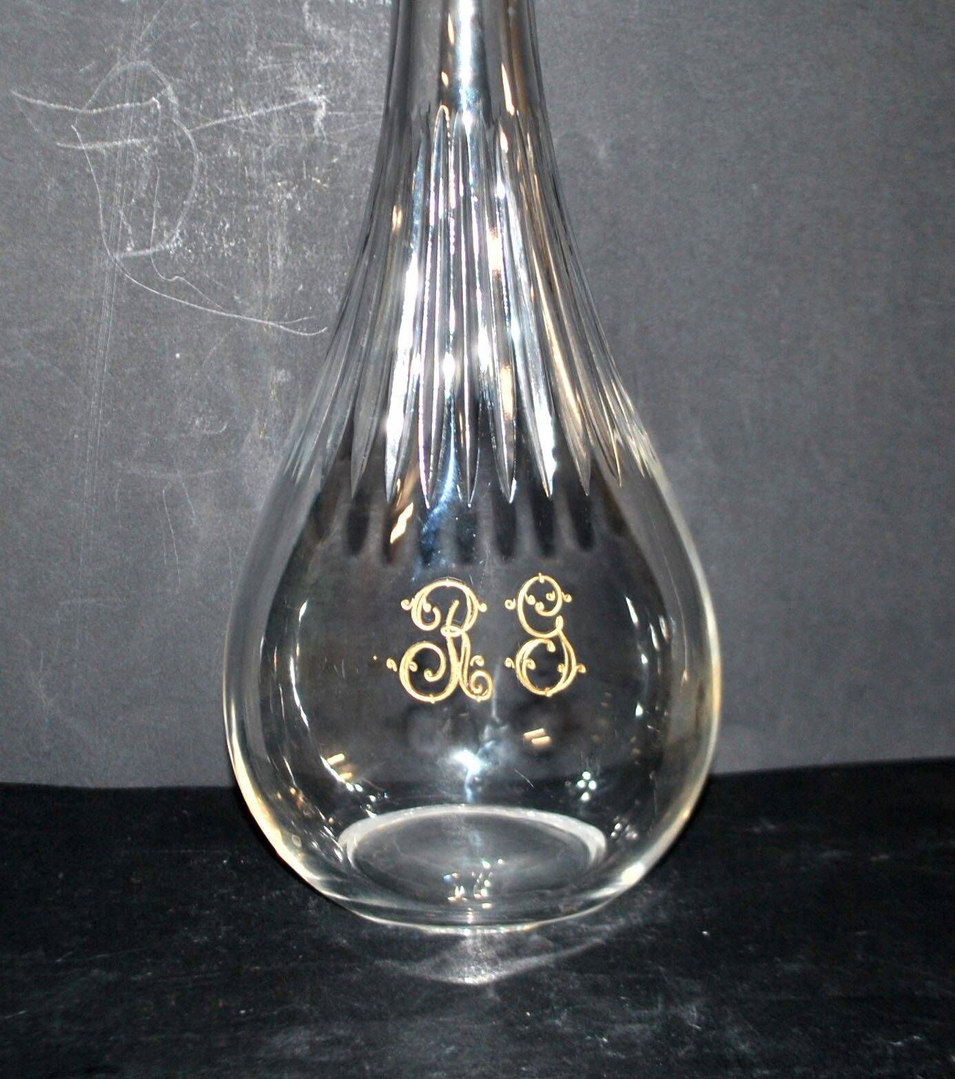 Carafe ancienne en cristal taillé et gravure dorée monogramme RG H33.5cm