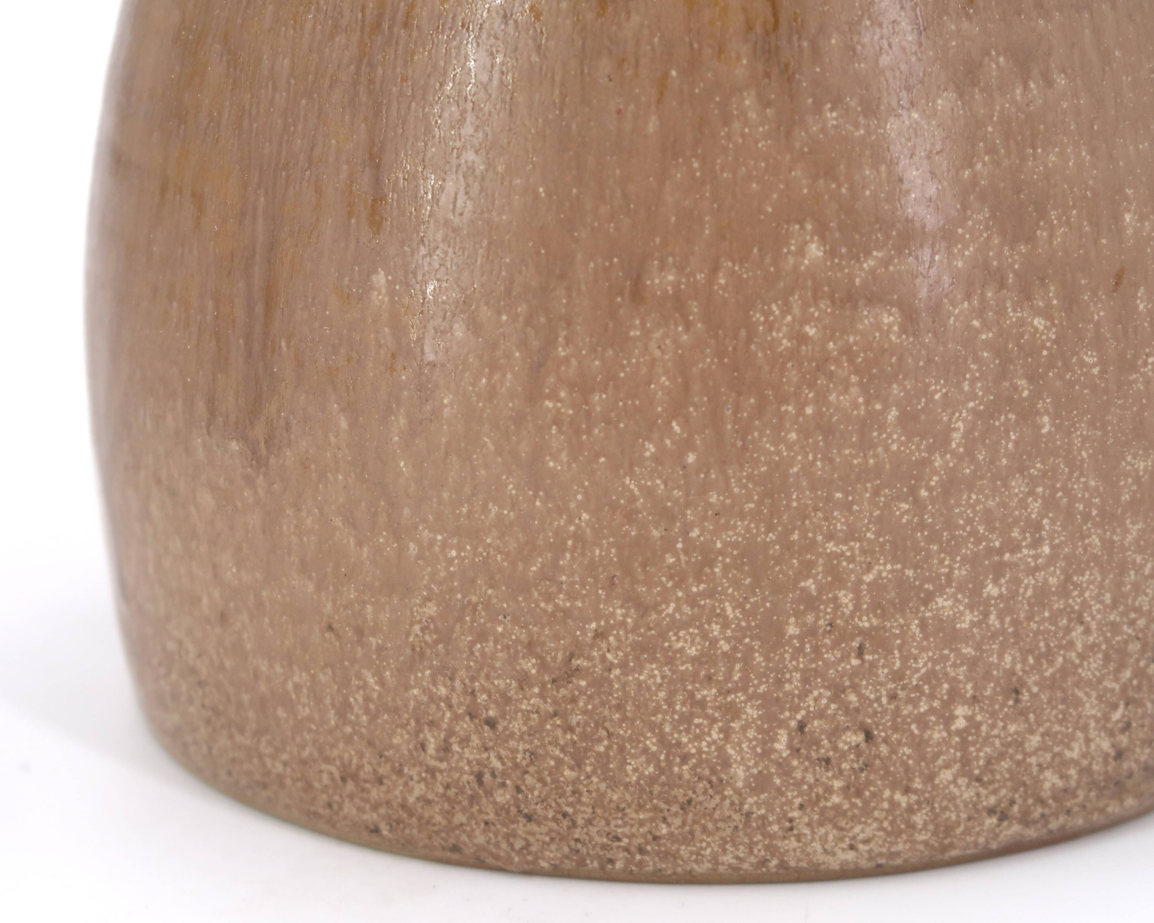 Handcrafted brown ceramic lamp, raffia lampshade, 70s