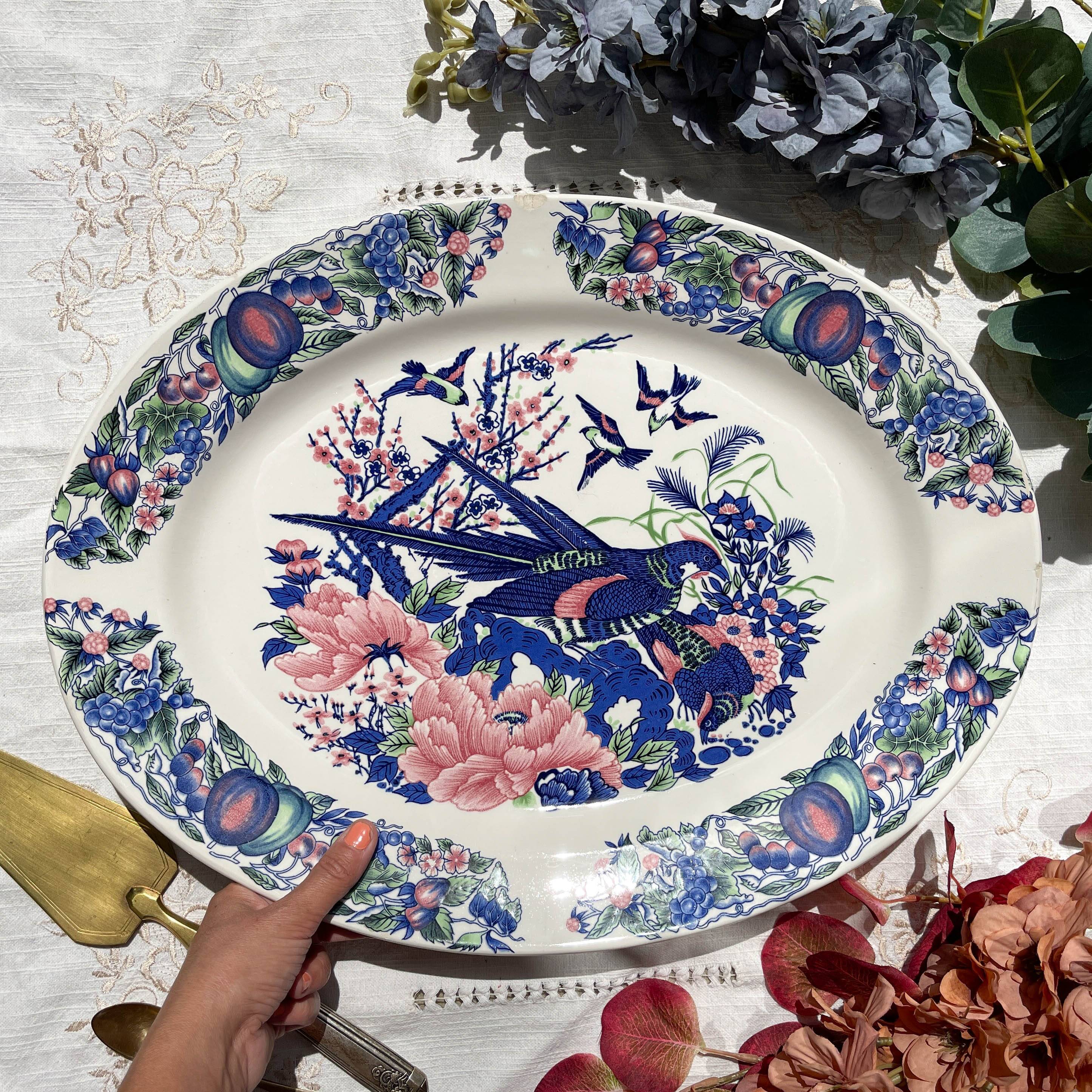 Large antique oval platter in Italian Stoviglierie earthenware – blue, green, and pink bird and flower motif