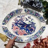 Large antique oval platter in Italian Stoviglierie earthenware – blue, green, and pink bird and flower motif