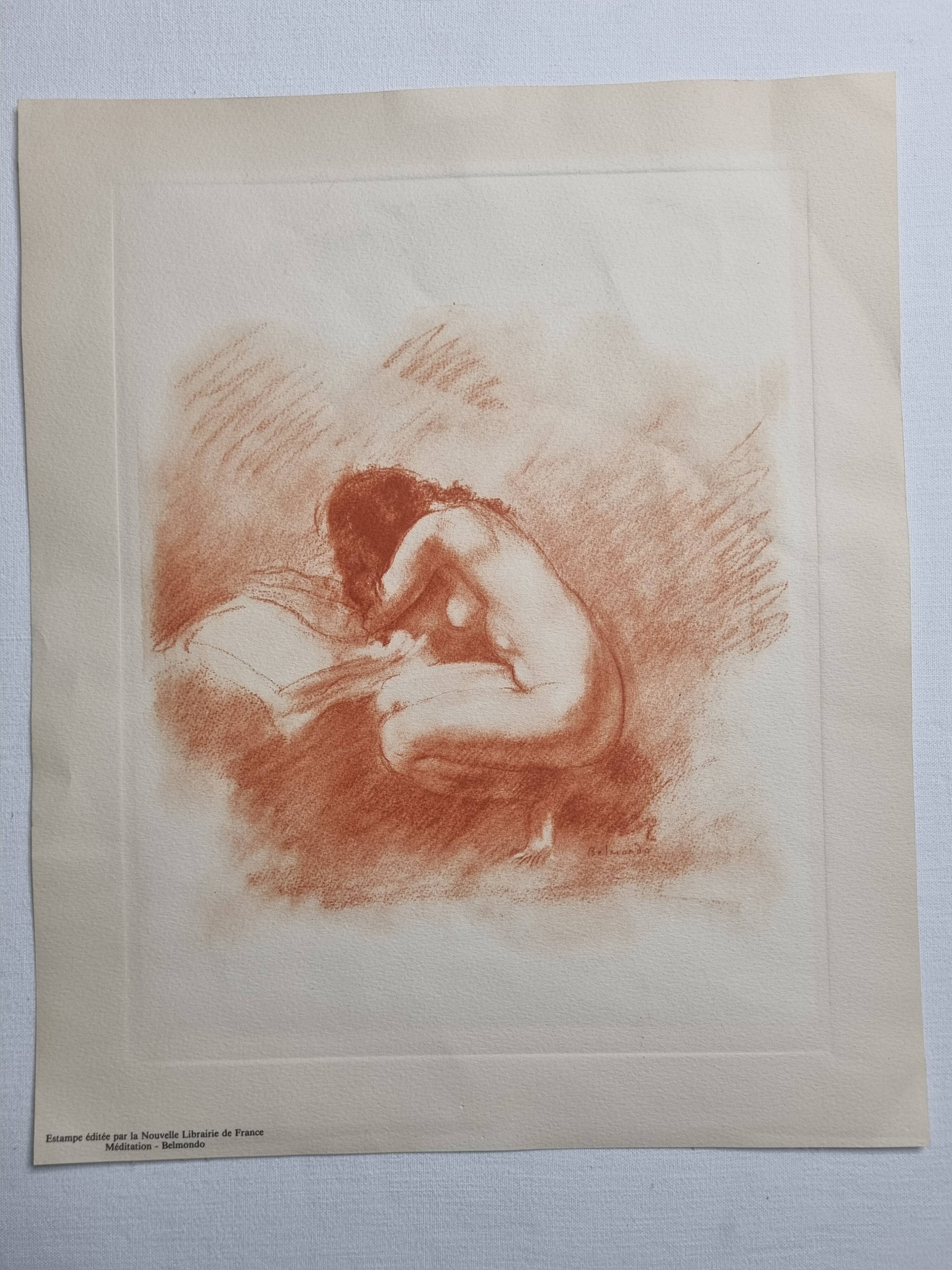 Print "Nude crouching on the pillow" in sanguine after Paul Belmondo, 29 x 34.5 cm
