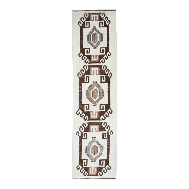 Vintage Turkish Oushak Handmade Wool Cotton White Runner 90x350