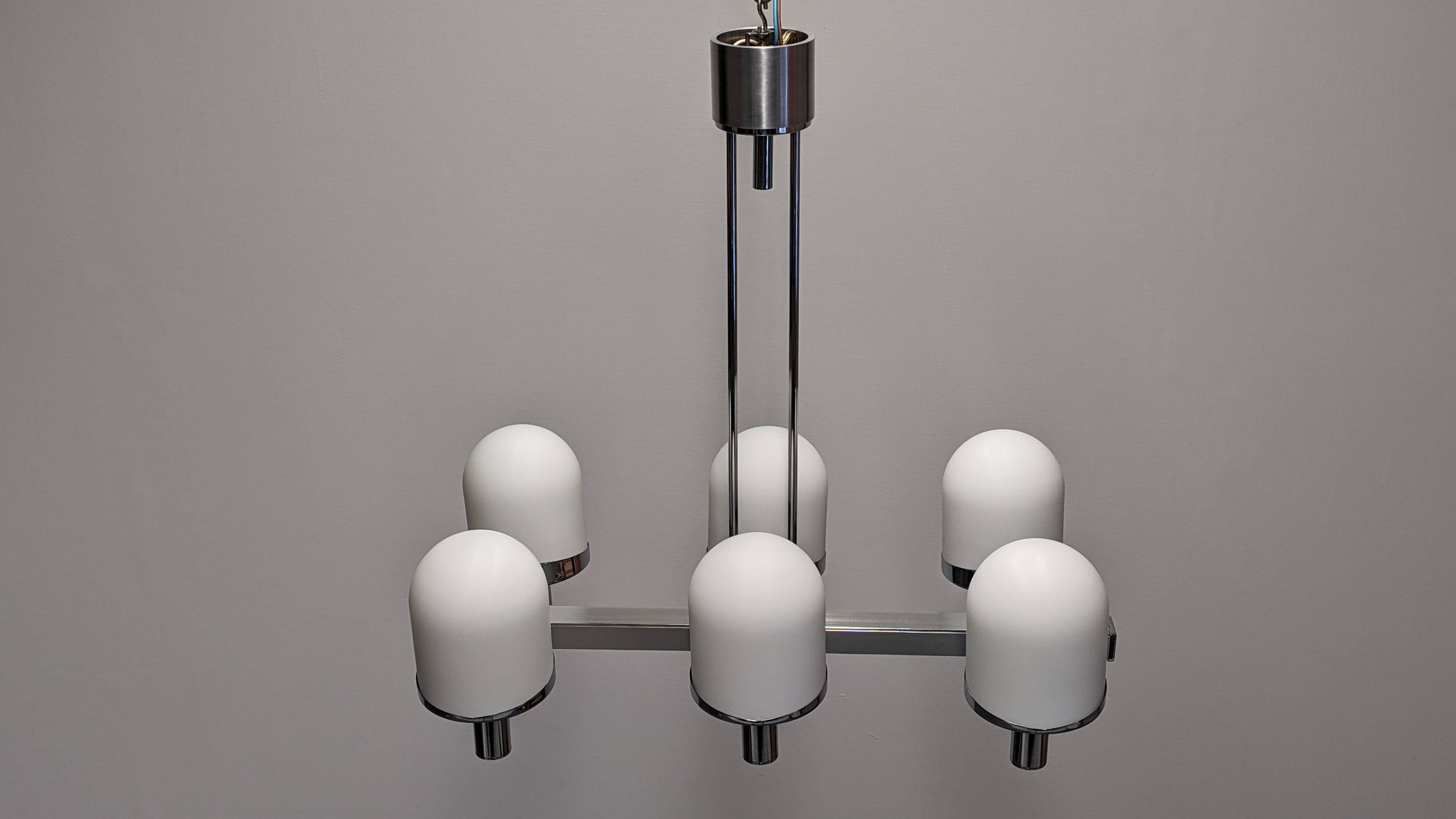 Space Age chandelier with 6 lights in white sandblasted opalines from the 60s/70s