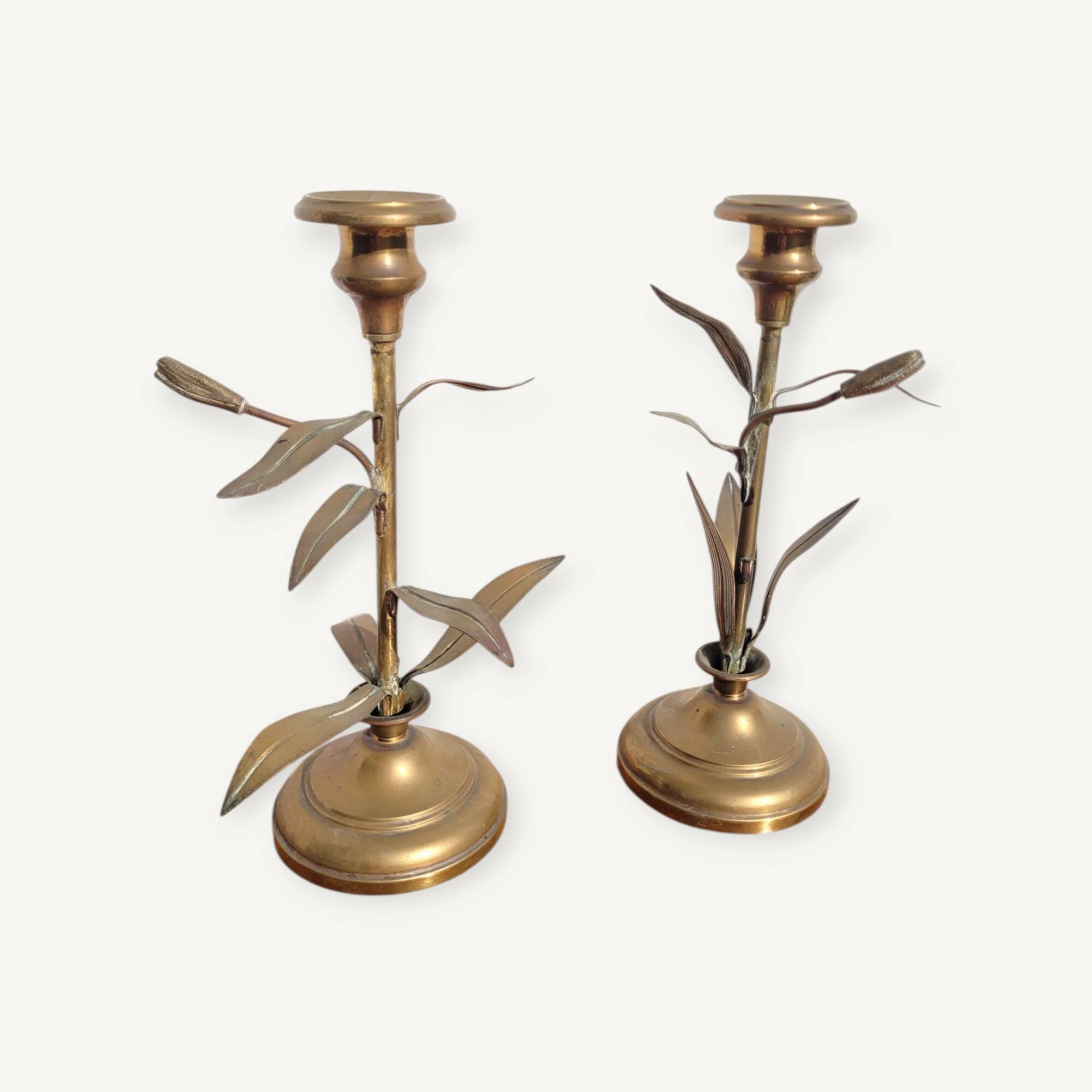 Pair of brass candlesticks with plant decoration