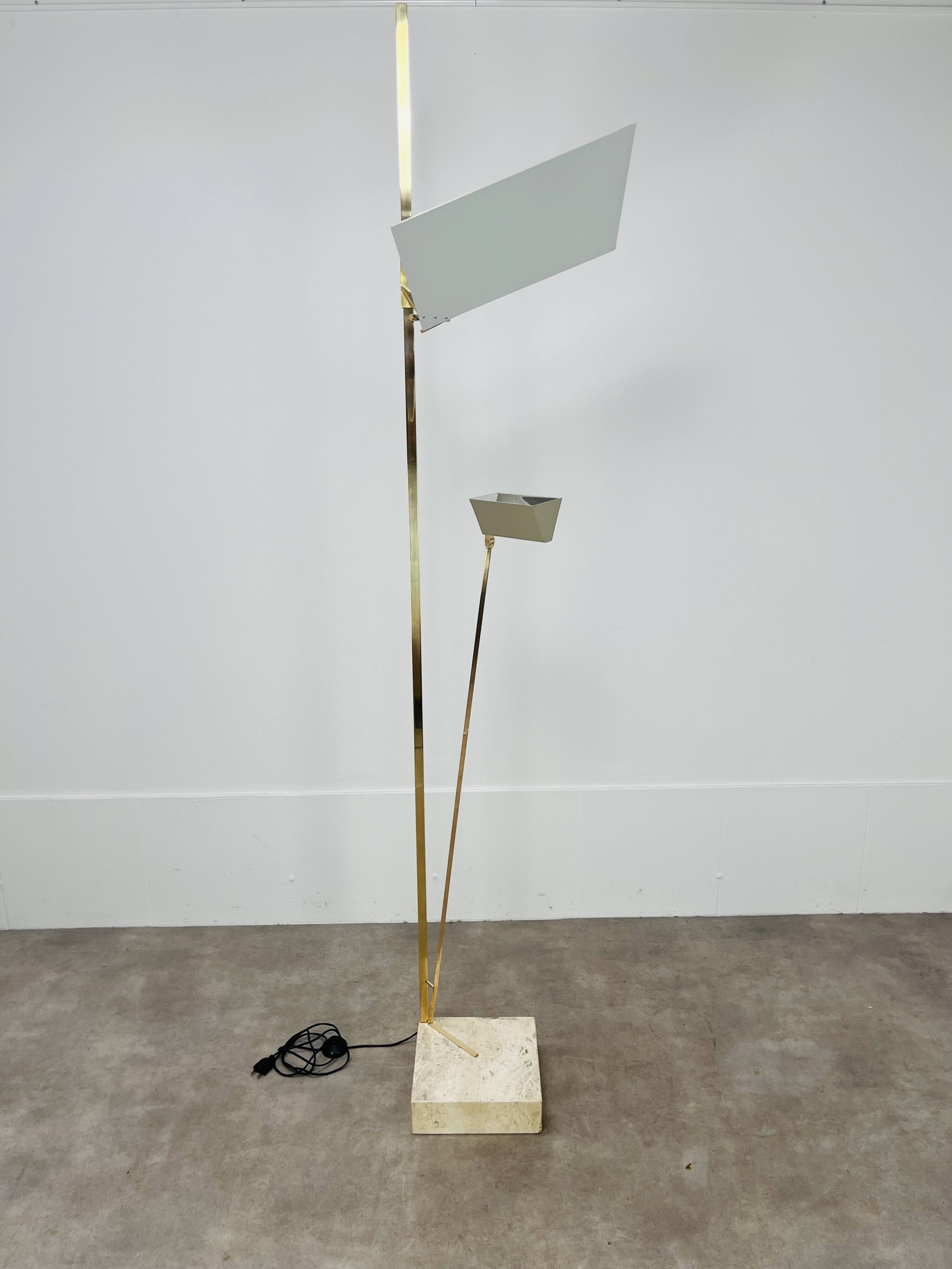 70s design floor lamp, brass and travertine, Hollywood Regency