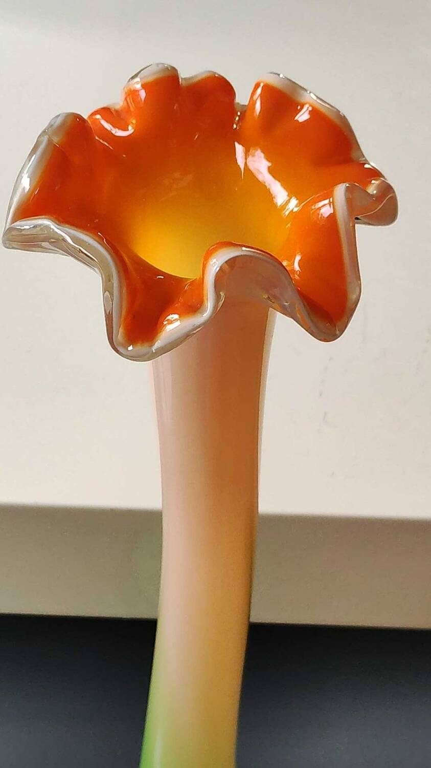 Large Floral Shaped Vase/Ruffled Neck. Blown/opaline art glass. Green/orange tones. Height 39.5 cm
