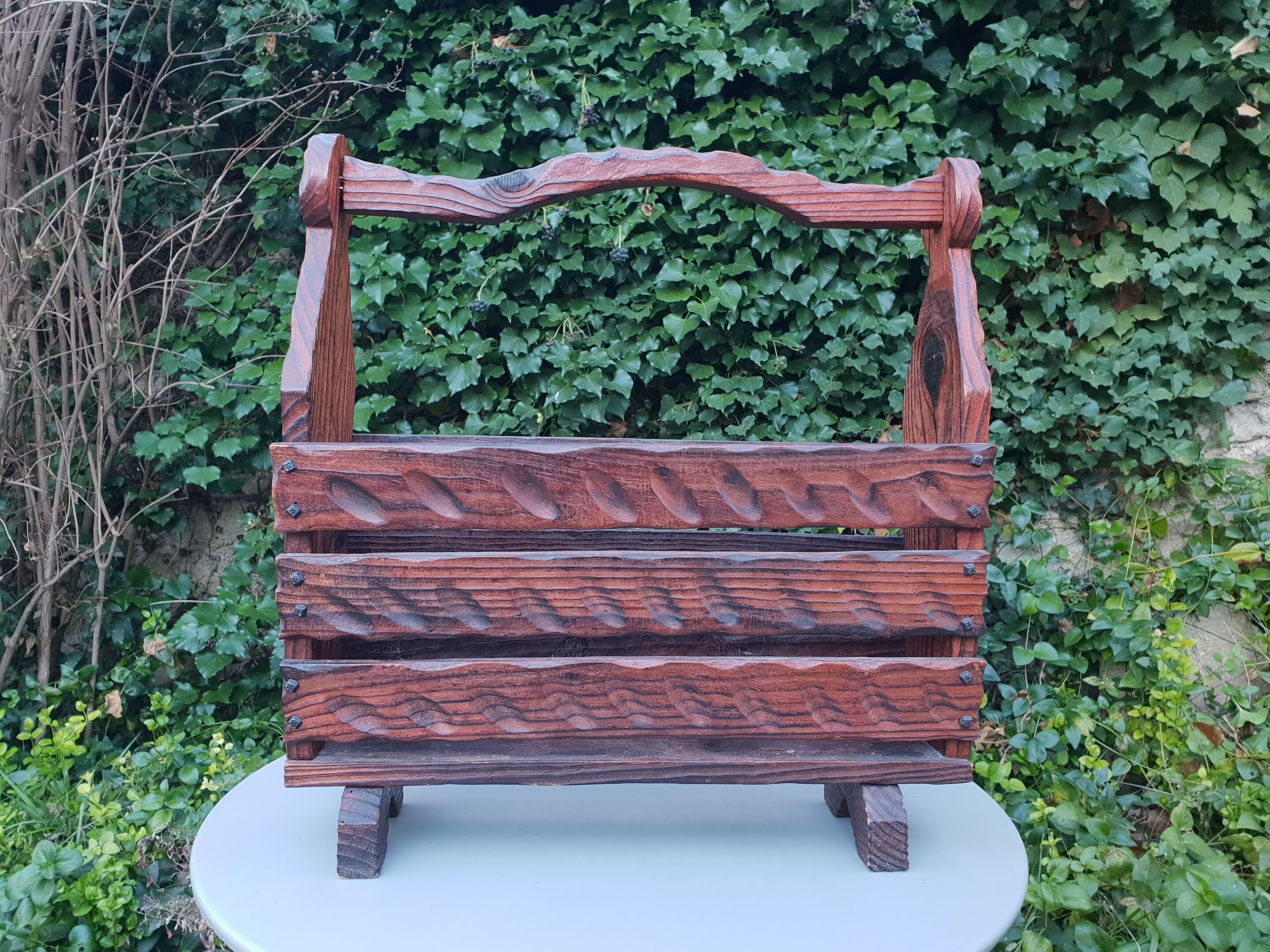 Brutalist pine magazine holder 1970