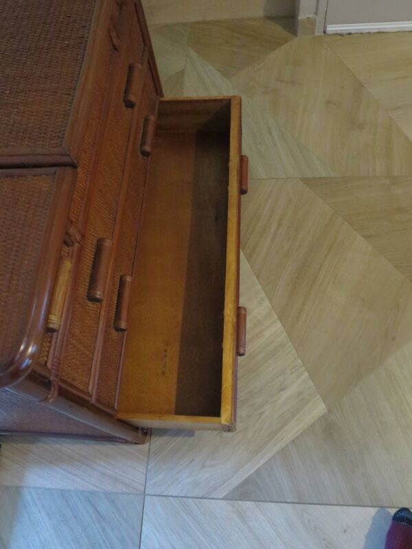Vintage-commode coiffeuse-rotin tressé-5 tiroirs-miroir-Années 60/70