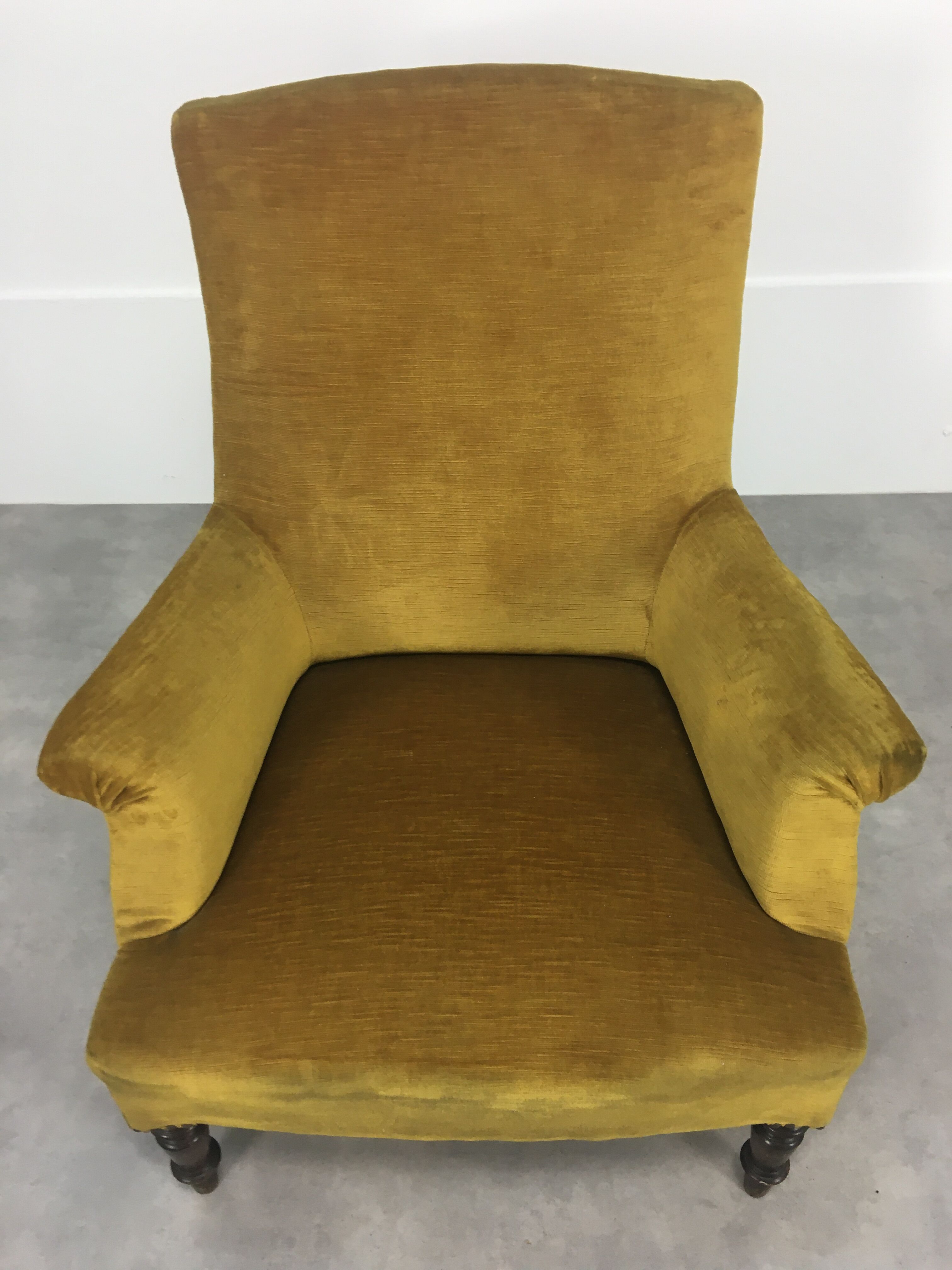 English armchair Napoleon III in mustard yellow velvet